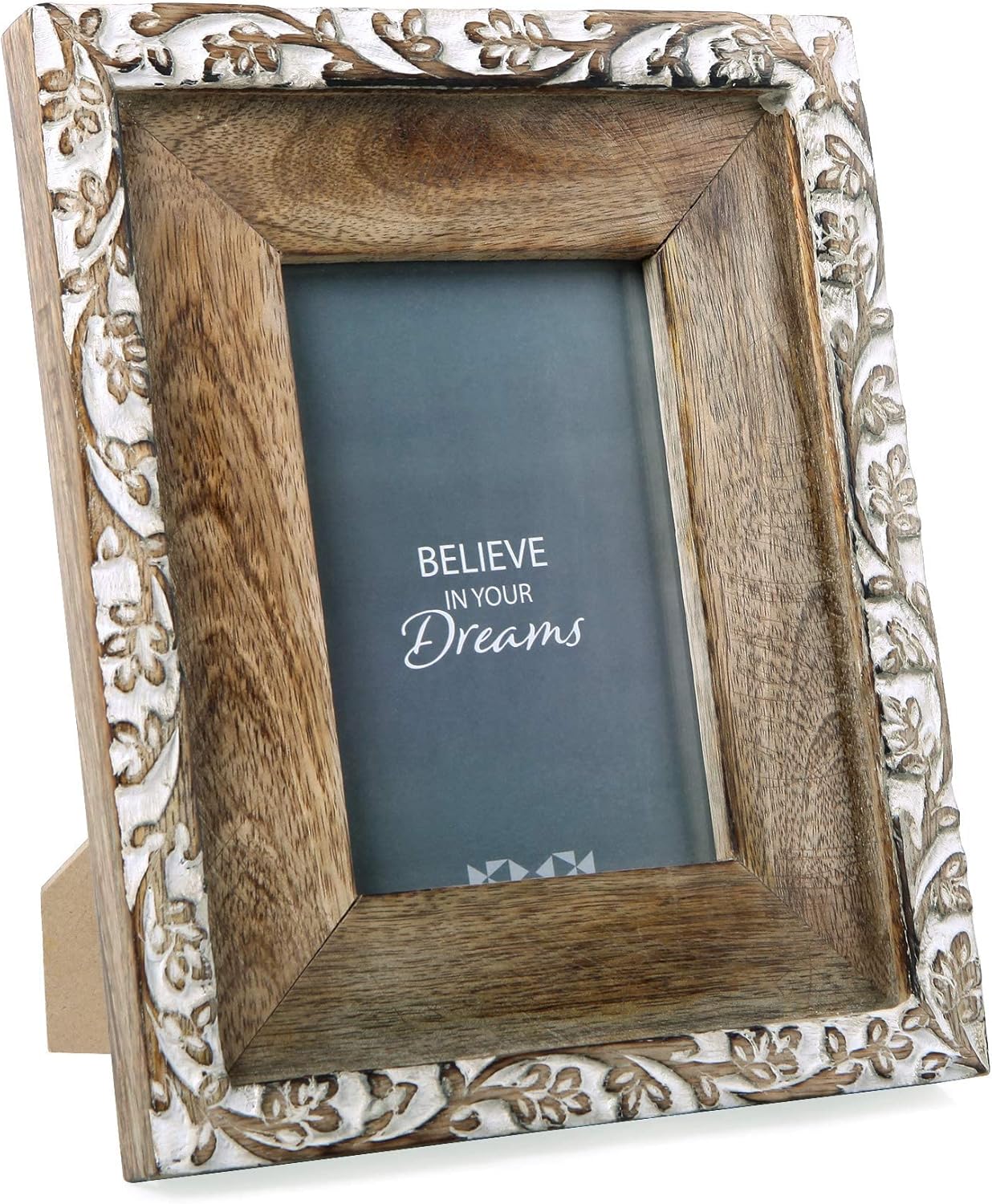 NIKKY HOME Hand Carved Floral Picture Frame 4×6 Boho Style Mango Wood Design with White Distressed Finish, Dark Wood Color