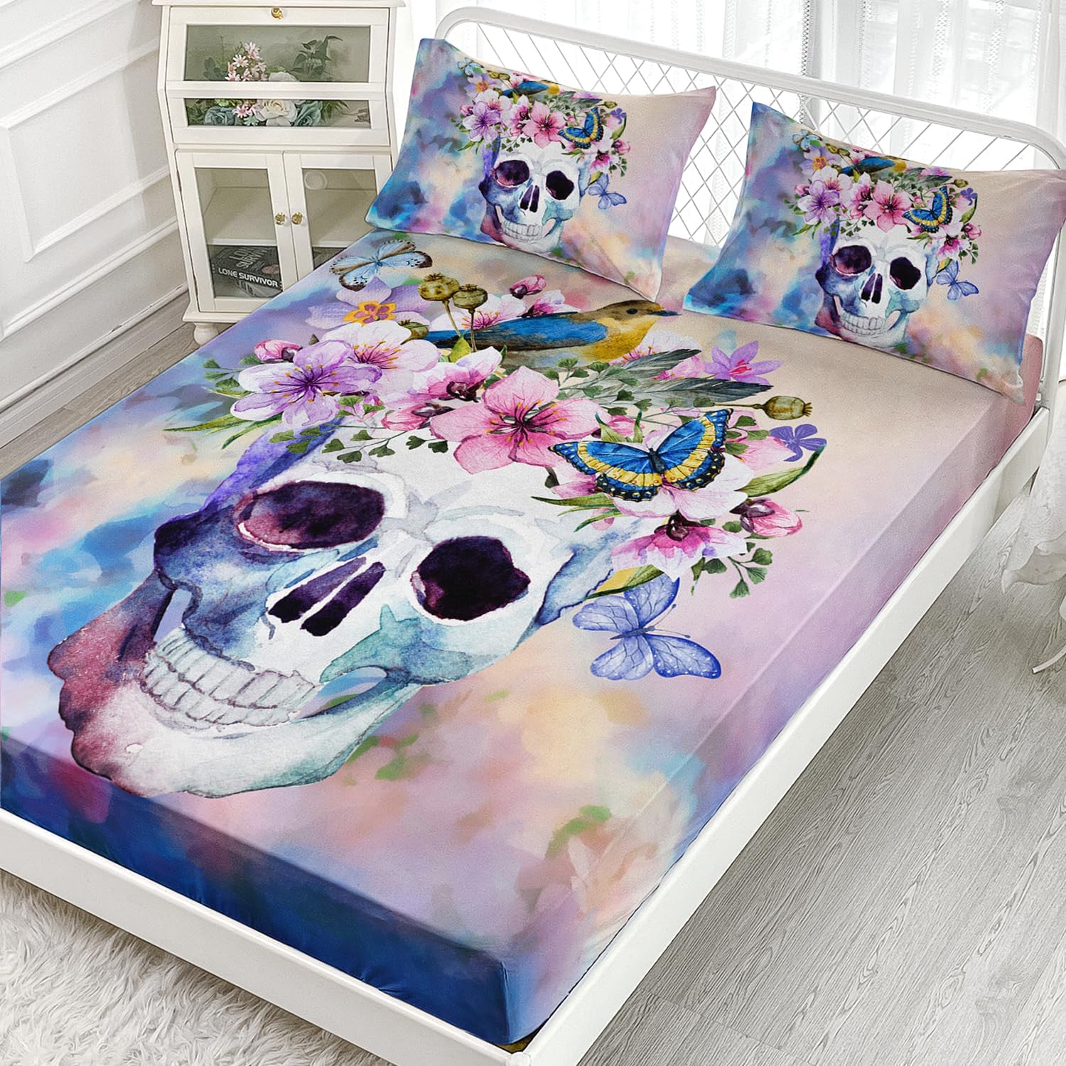 AILONEN Juego de sábanas bajeras de calavera floral tamaño matrimonial para niños y niños, juego de ropa de cama con diseño de calavera floral en 3D
