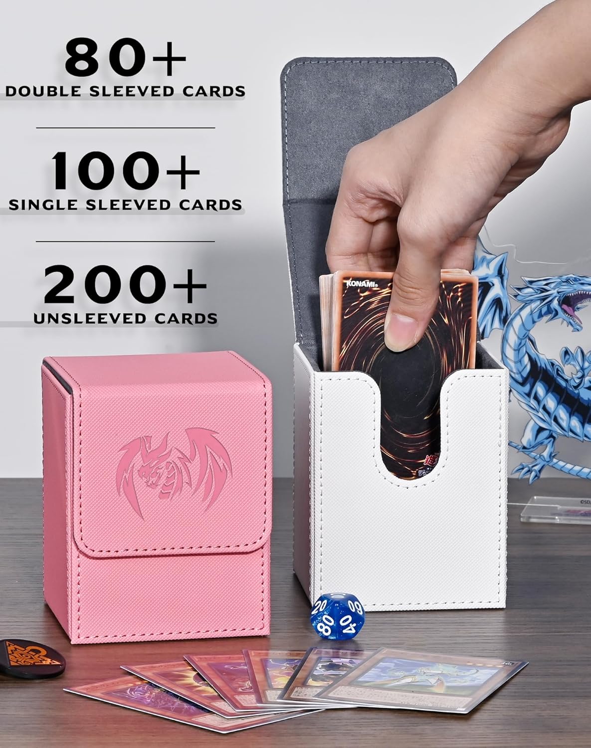UAONO Caja de cartas para tarjetas Yugioh MTG, más de 100 fundas con 2 divisores para TCG CCG, caja de almacenamiento de tarjetas de piel sintética