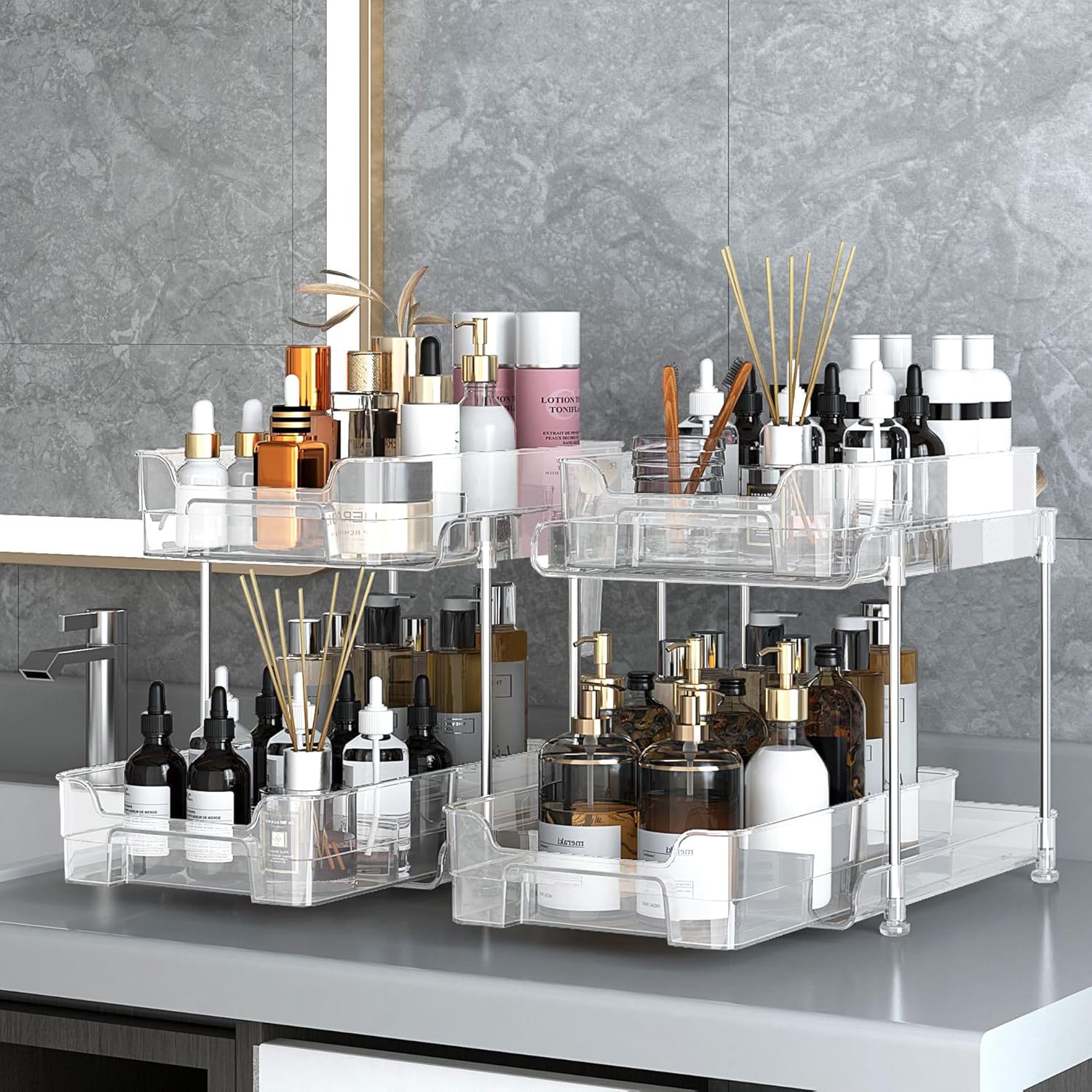 Lovelyduo Organizador transparente de 2 niveles, paquete de 2 unidades, contenedor de almacenamiento deslizante multiuso, cocina, despensa,