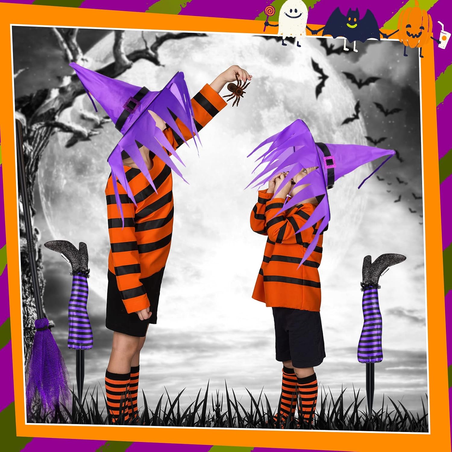 Juego de 4 piezas de patas de bruja boca abajo para Halloween, patas de bruja moradas malvadas, decoraciones con escoba y sombrero de bruja para