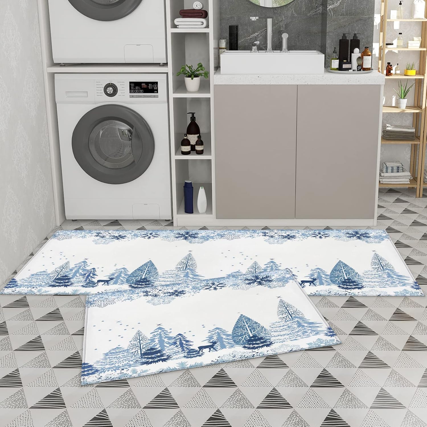 Juego de 1 alfombra y tapetes de cocina de Navidad, diseño abstracto de copos de nieve, alce y arbor, tapete antideslizante para el hogar, comedor,