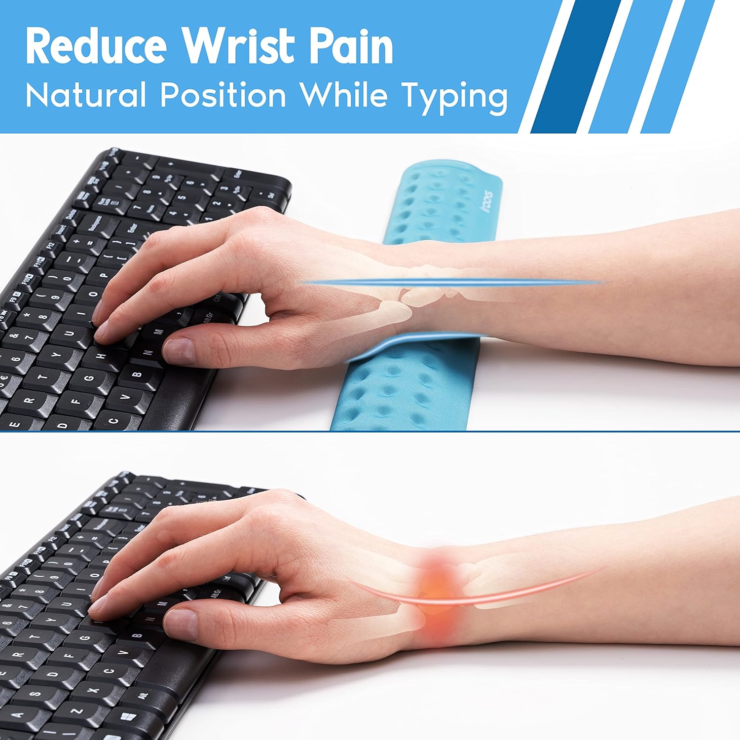 i-Rocks Reposamuñecas para teclado de espuma viscoelástica, reposamuñecas que reduce el dolor para teclado de computadora, base de goma