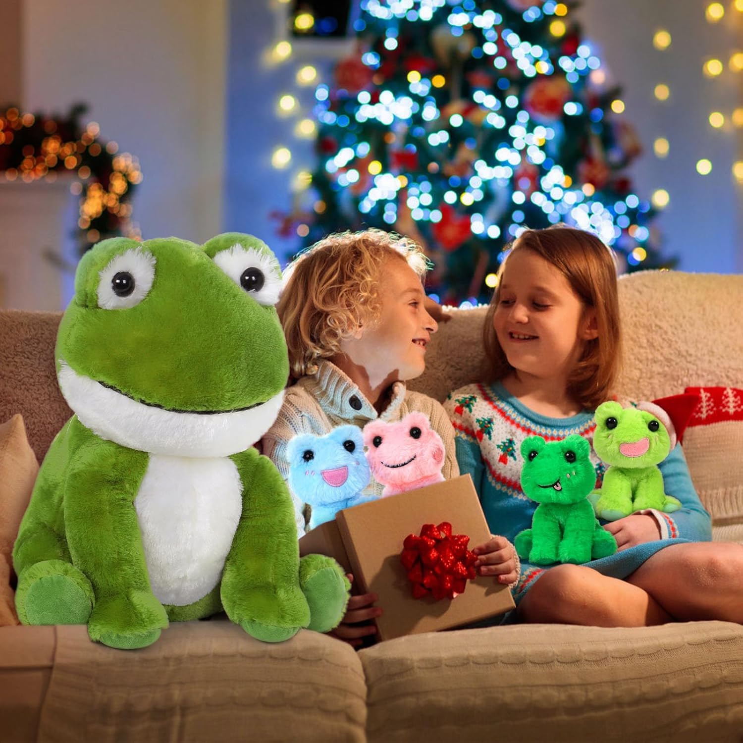 MorisMos Juguetes de peluche de rana grande, gran peluche verde de rana mamá y 4 juguetes de rana bebé para niños, lindos juguetes de sapo de