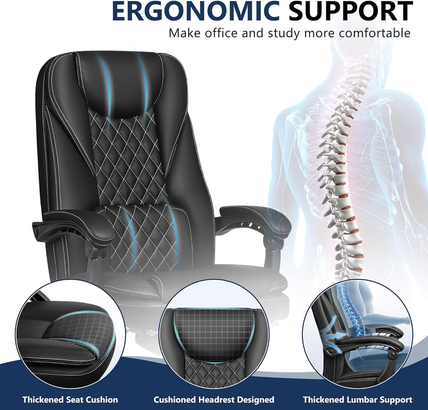 Silla de oficina ejecutiva, silla de oficina reclinable de cuero grande y alta con reposapiés, respaldo alto, silla de escritorio de oficina en