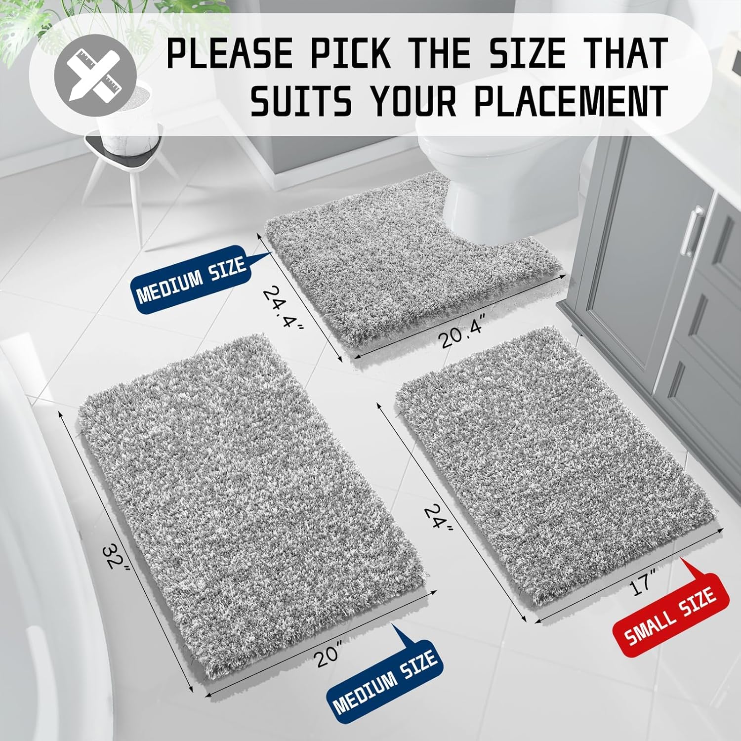 Yimobra Juego de 2 alfombras de baño esponjosas con forma de U, alfombra de baño suave y antideslizante, alfombra de ducha de felpa gruesa,