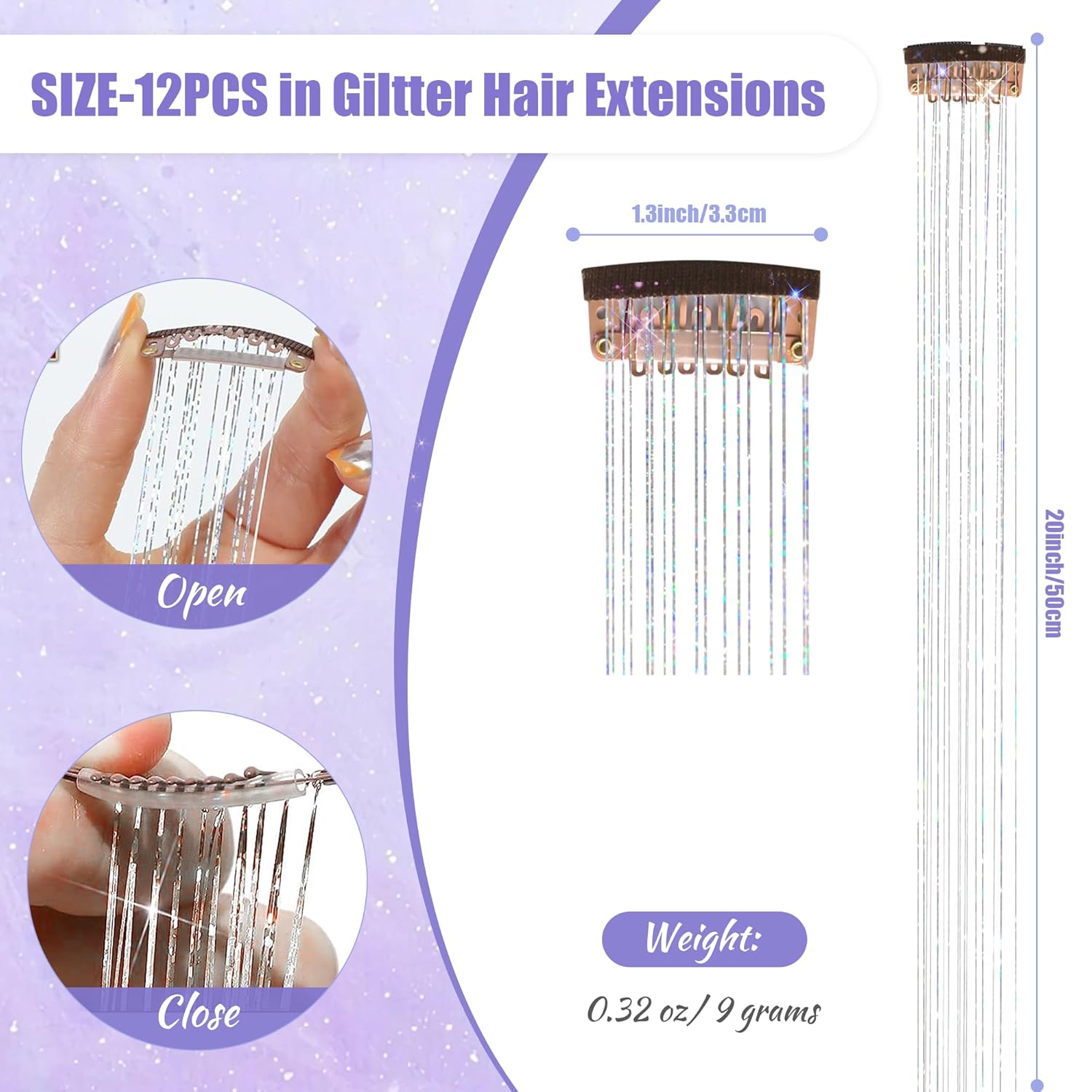 Paquete de 6 piezas de kit de oropel con clip, extensión de cabello de oropel con purpurina de 20 pulgadas con clips, resistente al calor, mechones