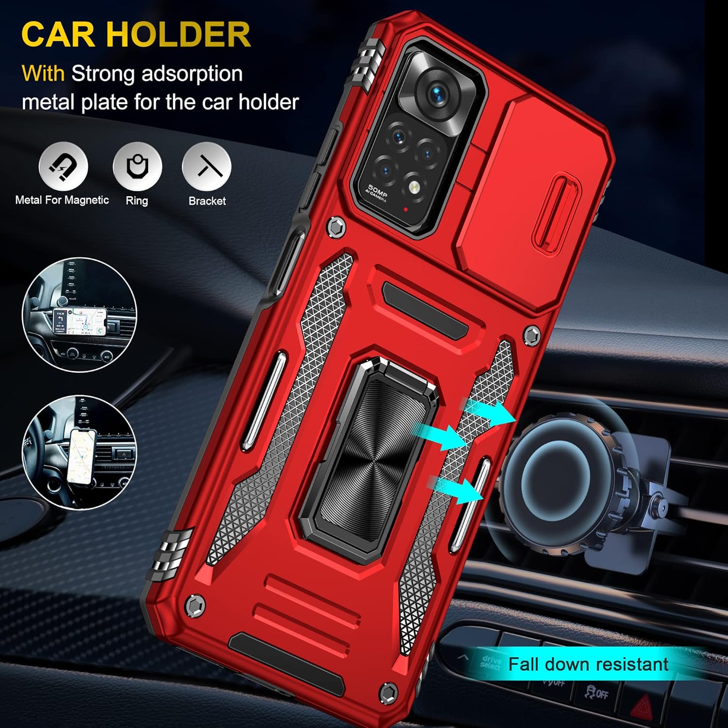 Wefor Funda XiaoMi RedMi Note 11 (4G) con cubierta para cámara deslizante, soporte de anillo magnético de 360 mejorado grado militar a prueba de
