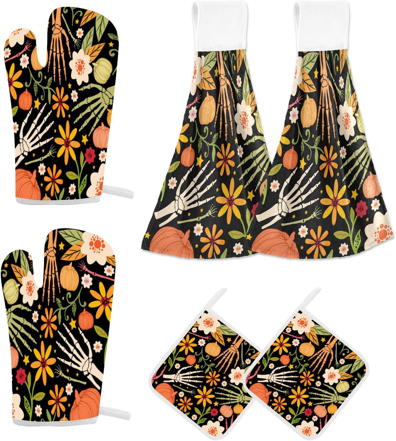 VKPSCHJ Juego de toallas de mano y guantes para horno, toallas colgantes y agarraderas, paquete de 6, toalla absorbente de calavera floral de