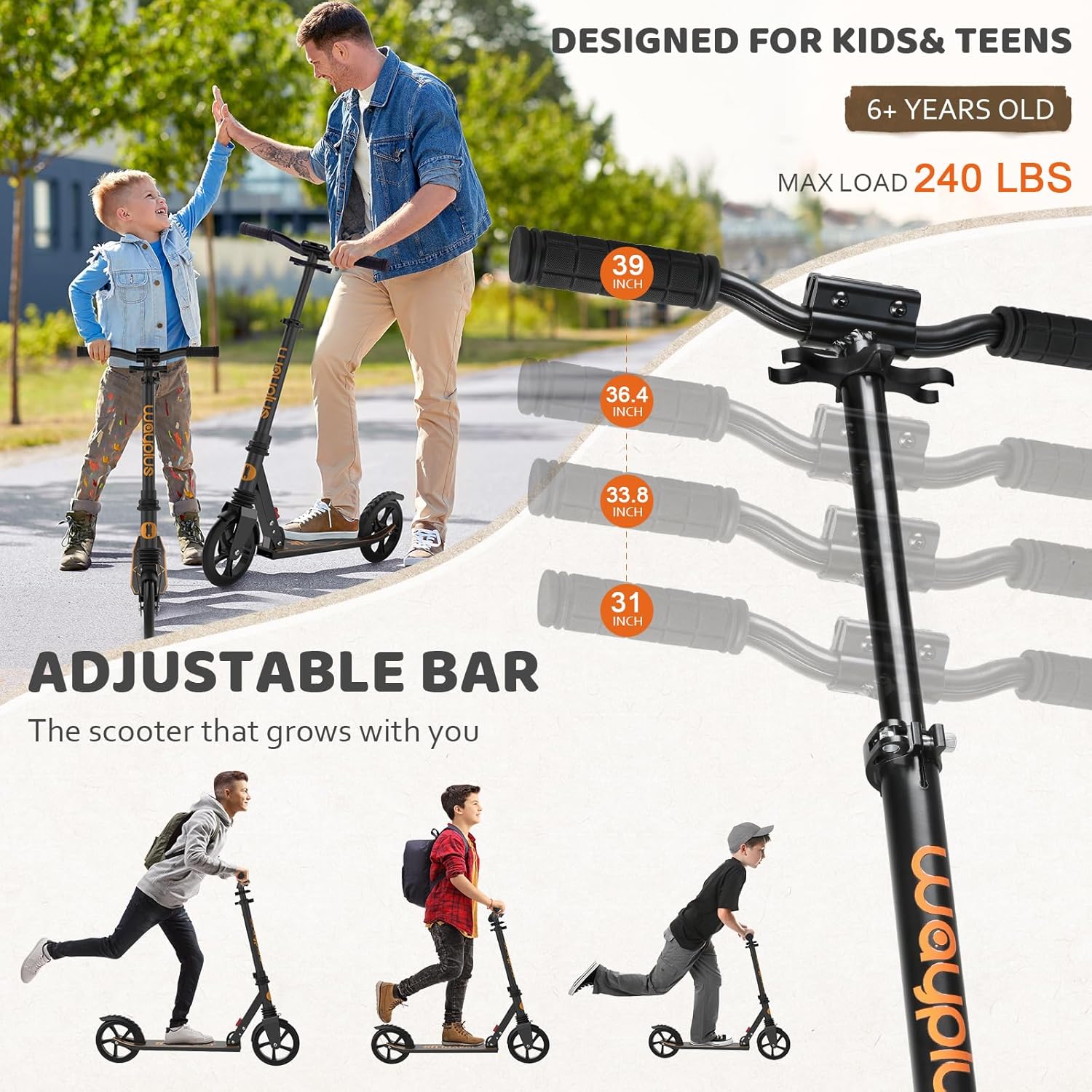 WAYPLUS Patinete para mayores de 6 años, niños, adolescentes y adultos. Carga máxima de 240 libras. Plegable, ligero, ruedas grandes de 8 pulgadas