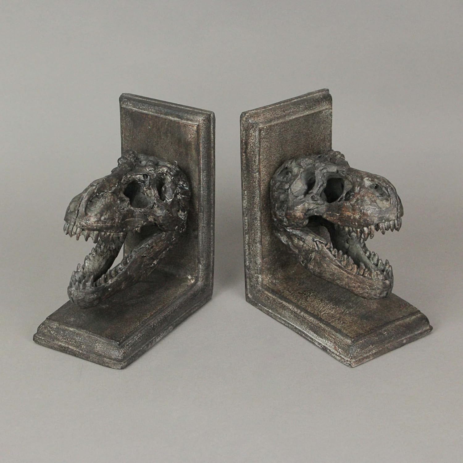 Things2Die4 2 sujetalibros decorativos de resina, tiranosaurio Rex T-Rex, diseño de cráneo, color marrón, 6.5 pulgadas
