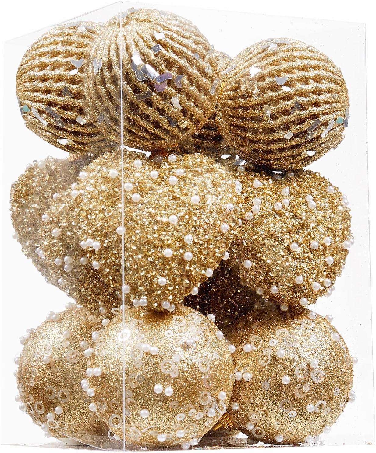 ChrisWish 14 adornos dorados de corazón y bolas de Navidad, decoraciones de bolas de Navidad, bolas de perlas colgantes de plástico inastillables
