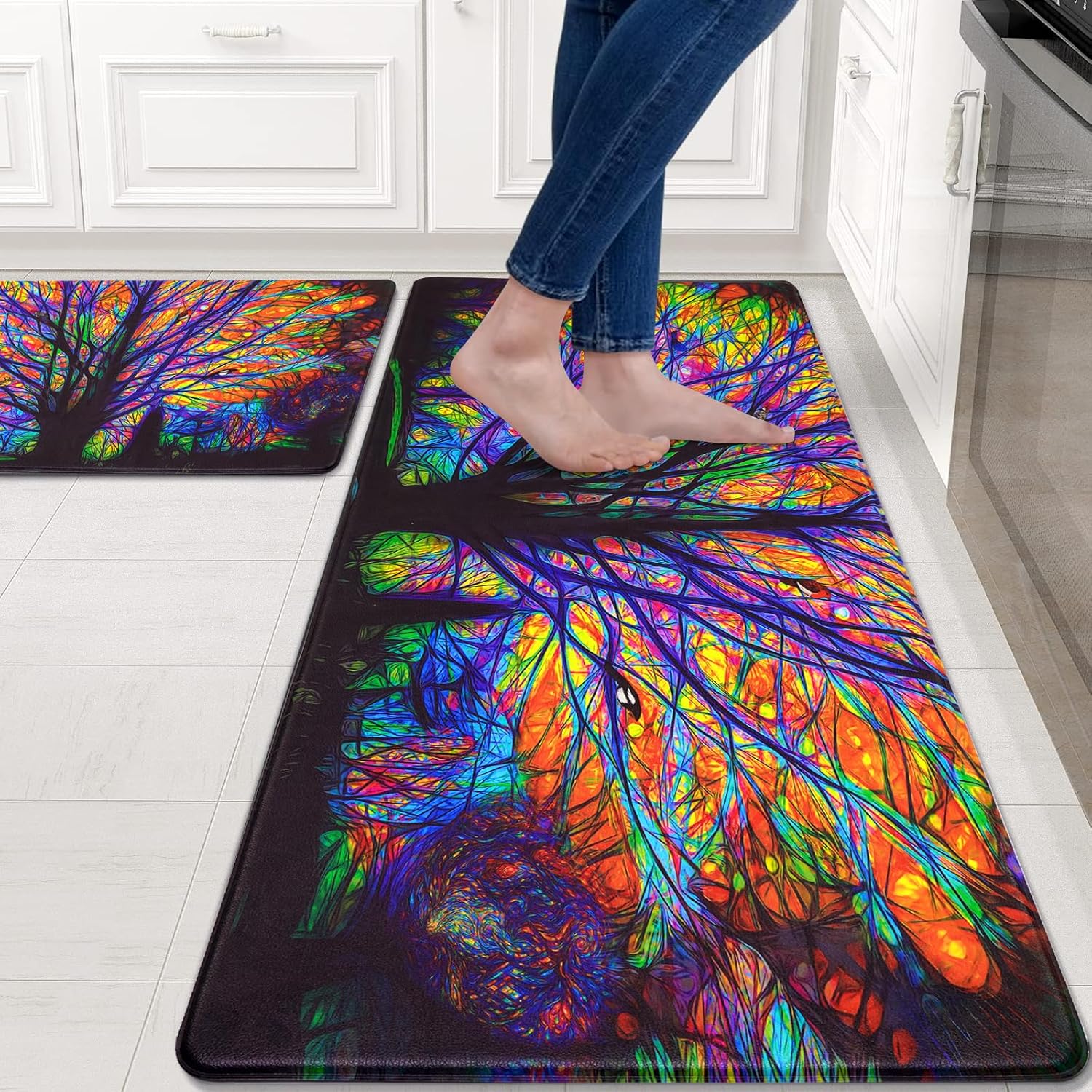 ASPMIZ 2 tapetes de cocina estilo casa de campo acolchados antifatiga, coloridos tapetes de cocina color morado árbol antideslizante, impermeable,