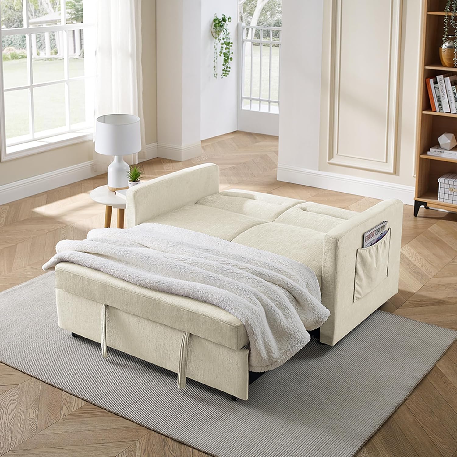 Yoglad Sofá cama convertible 3 en 1, futón biplaza con cama extraíble, respaldo ajustable y 2 almacenamientos, para espacios pequeños, sala de
