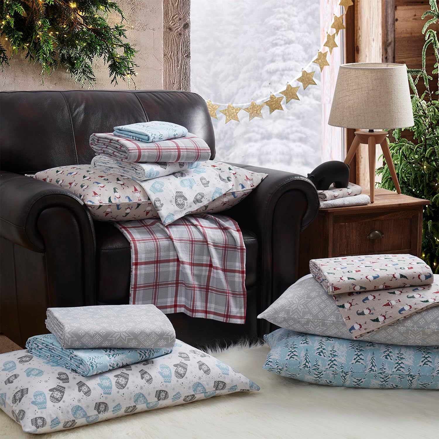 Bearpaw – Sábanas matrimoniales, ropa de cama de franela de algodón de 4 piezas con fundas de almohada a juego, cepillo para mayor suavidad,