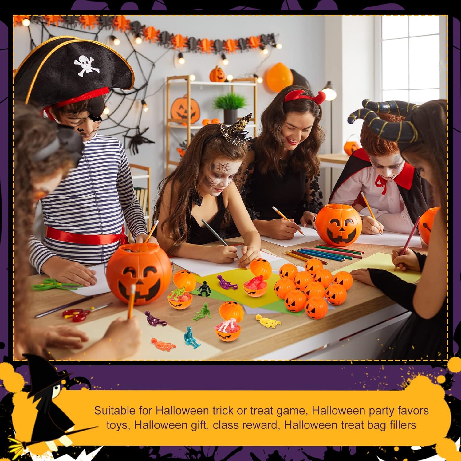 96 cajas de dulces de calabaza de Halloween con juguetes elásticos, contenedores de golosinas de calabaza, cajas de regalo de dulces de calabaza con