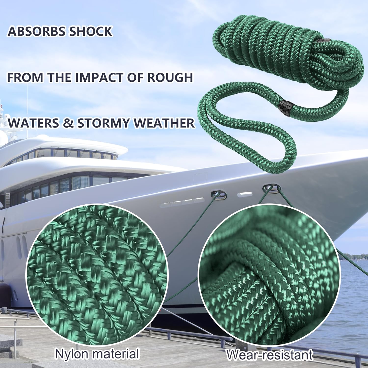 Líneas de muelle de barco de 38 pulgadas x 15 pies, líneas de muelle de nailon trenzado doble y líneas de muelle de cuerda para barcos, cuerdas de