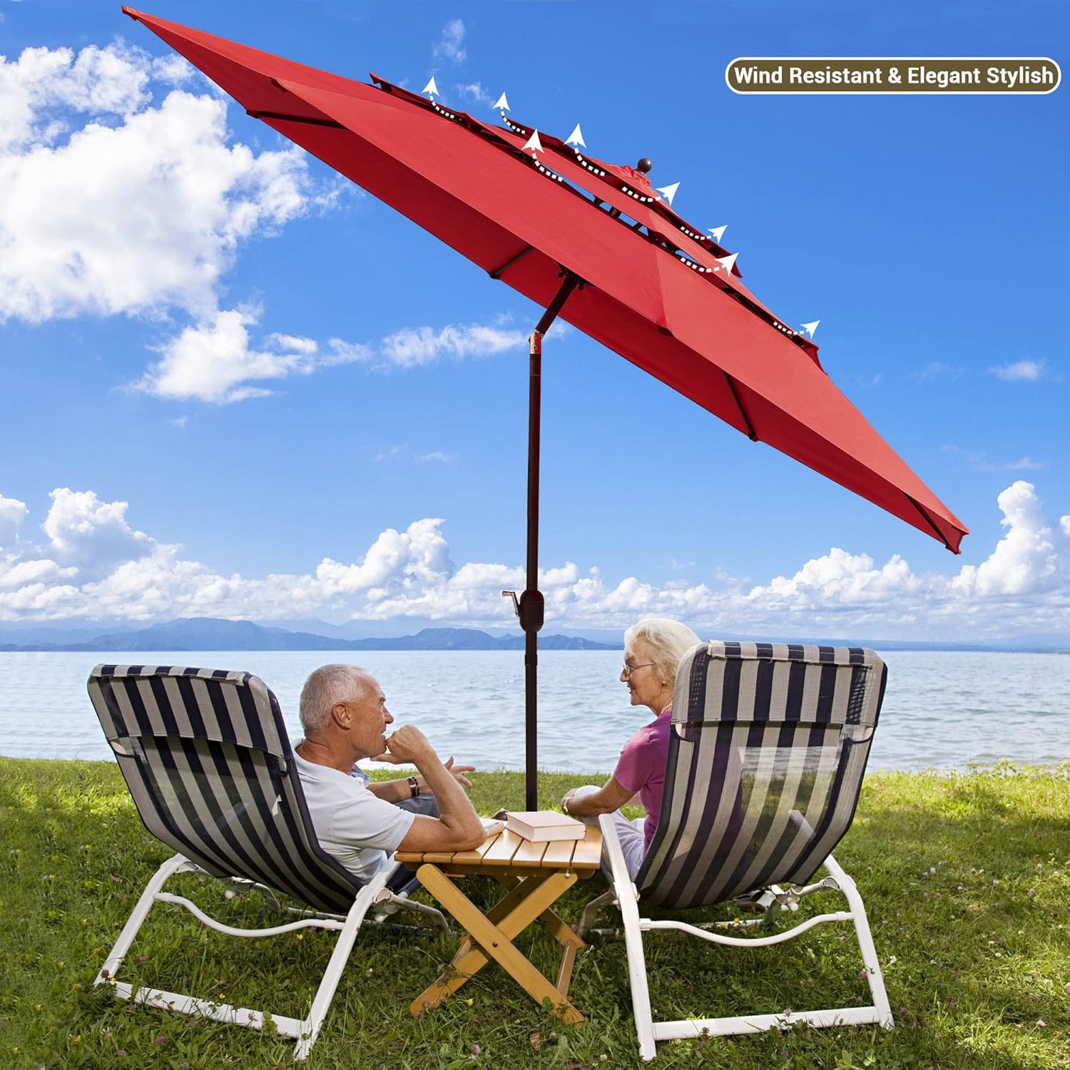 Yescom UV70+ – Sombrilla de patio de 3 niveles de 11 pies con manivela para empujar para inclinar, para jardín al aire libre, patio trasero, mesa de