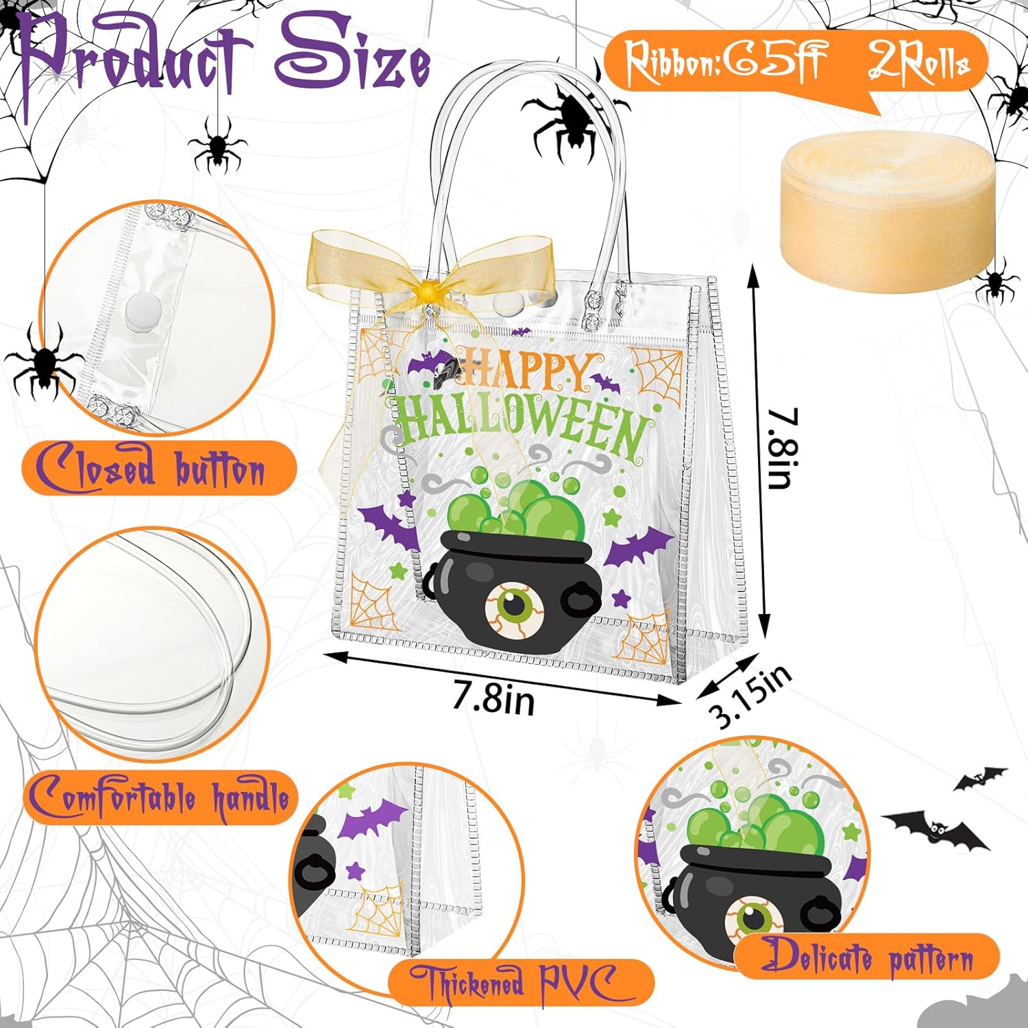 Paterr 50 bolsas de regalo transparentes de Halloween, bolsas de regalo de plástico transparente con asa, 4 estilos, bolsas de regalo de Halloween