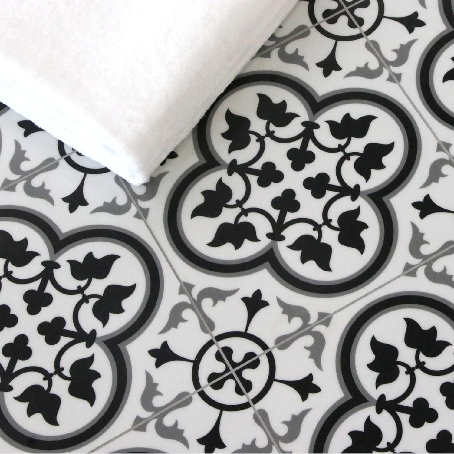 Azulejo de suelo y pared para baño y cocina. Azulejo autoadhesivo de vinilo SPC. Azulejo de salpicaduras de lechada con estampado encáustico blanco
