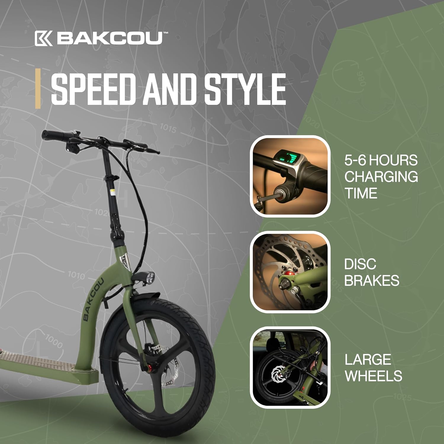 Bakcou  Badger Electric Scooter – Adult Scooter 350W Motor, 36V Battery, Foldable Electric Scooter, Large Wheels, Disc Brakes, Lights, and Horn for