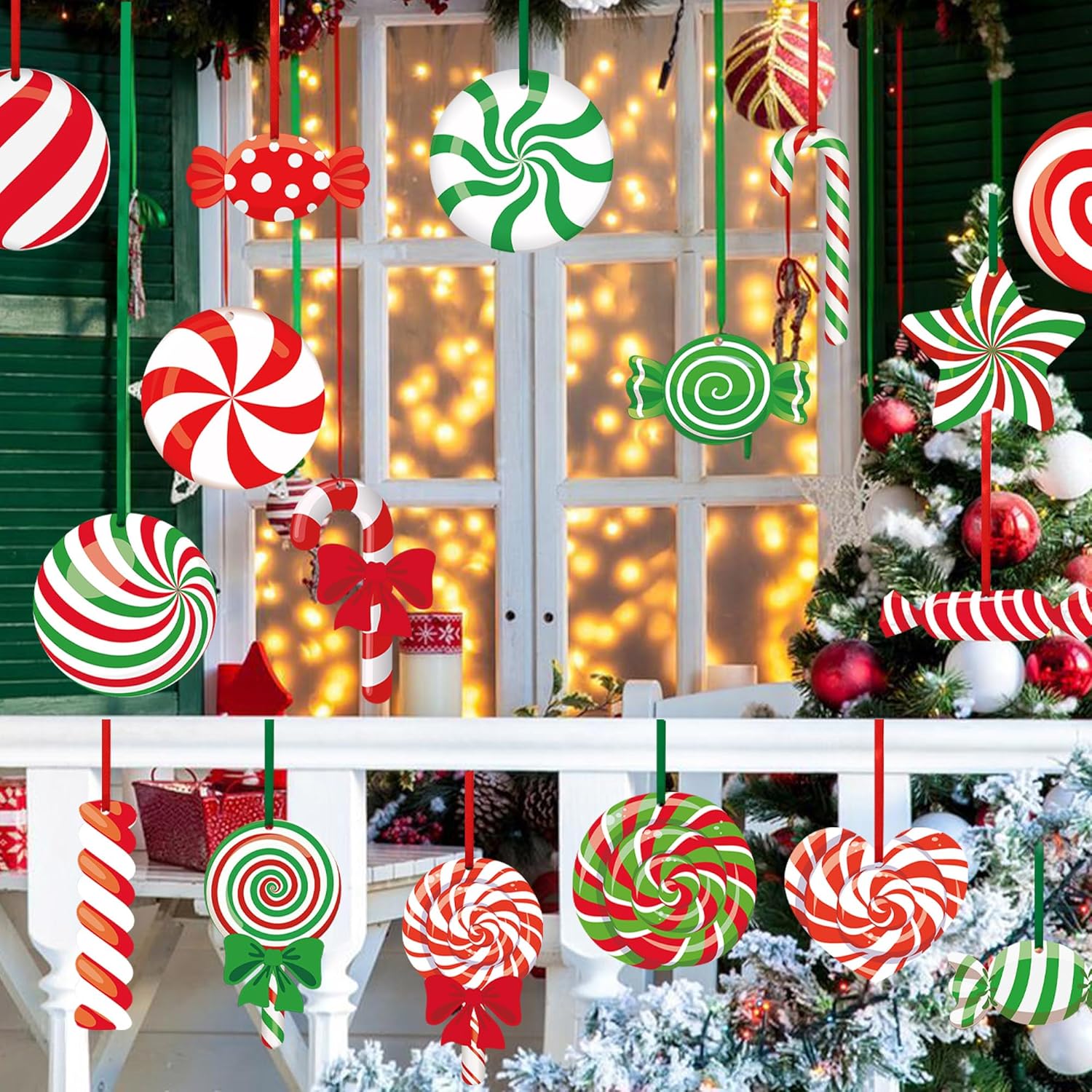 24 piezas de adornos de patio de dulces de Navidad para exteriores, adornos colgantes de caramelo de Navidad, menta, letrero de patio de doble cara,