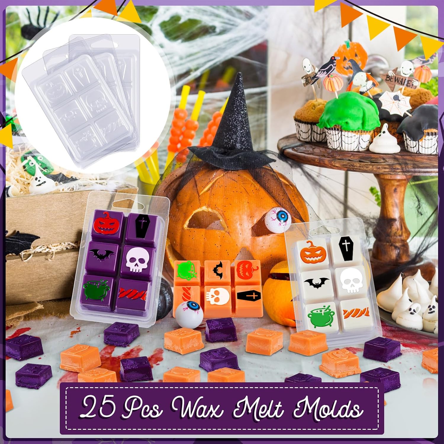 Cholemy 25 moldes de cera derretida para Halloween, recipientes para derretir cera de plástico vacías transparentes de 4.72 x 3.19 x 0.79 pulgadas,