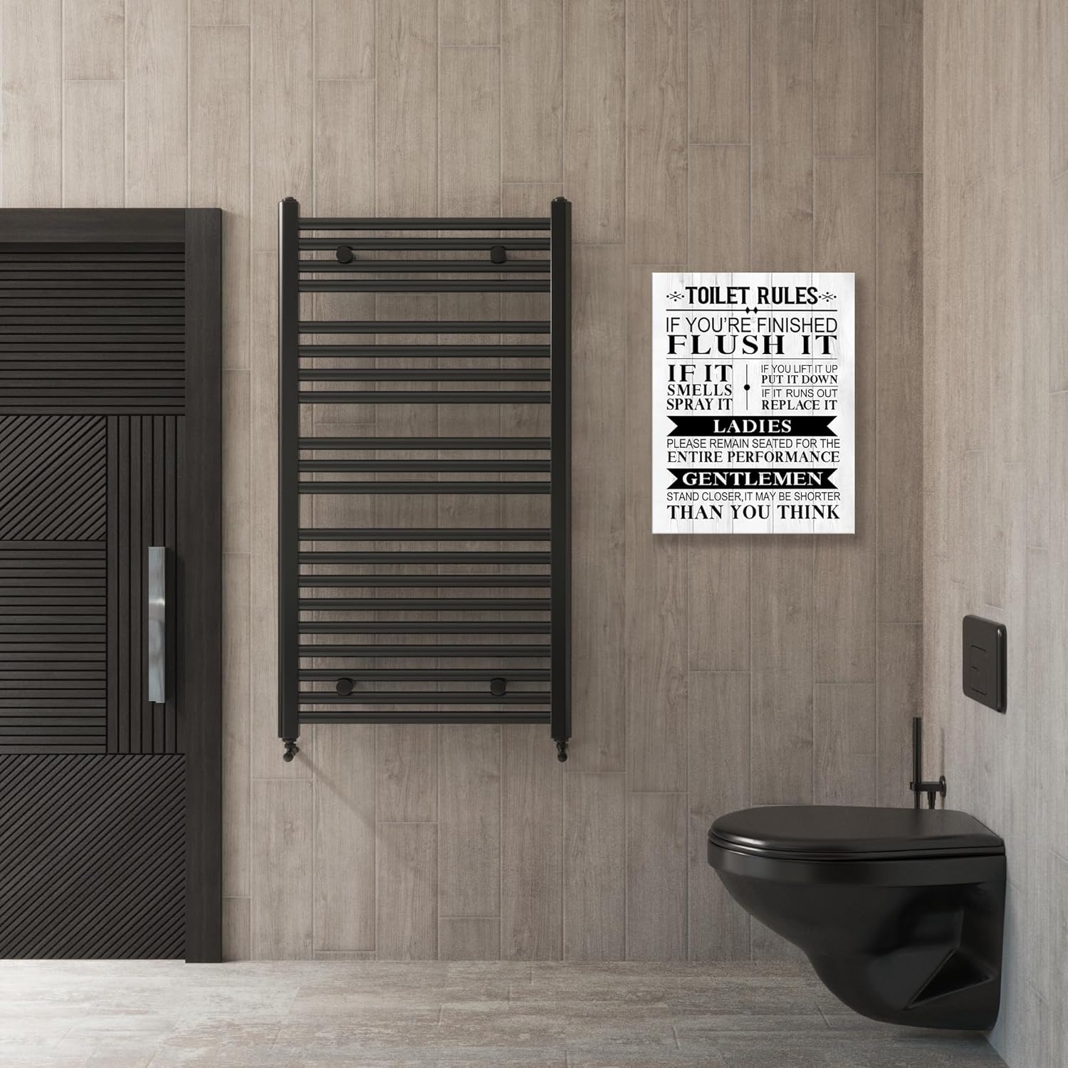 NIKICEE Impresiones artísticas en lienzo con citas de reglas de inodoro, letreros divertidos para decoración de baño, divertido arte de pared de