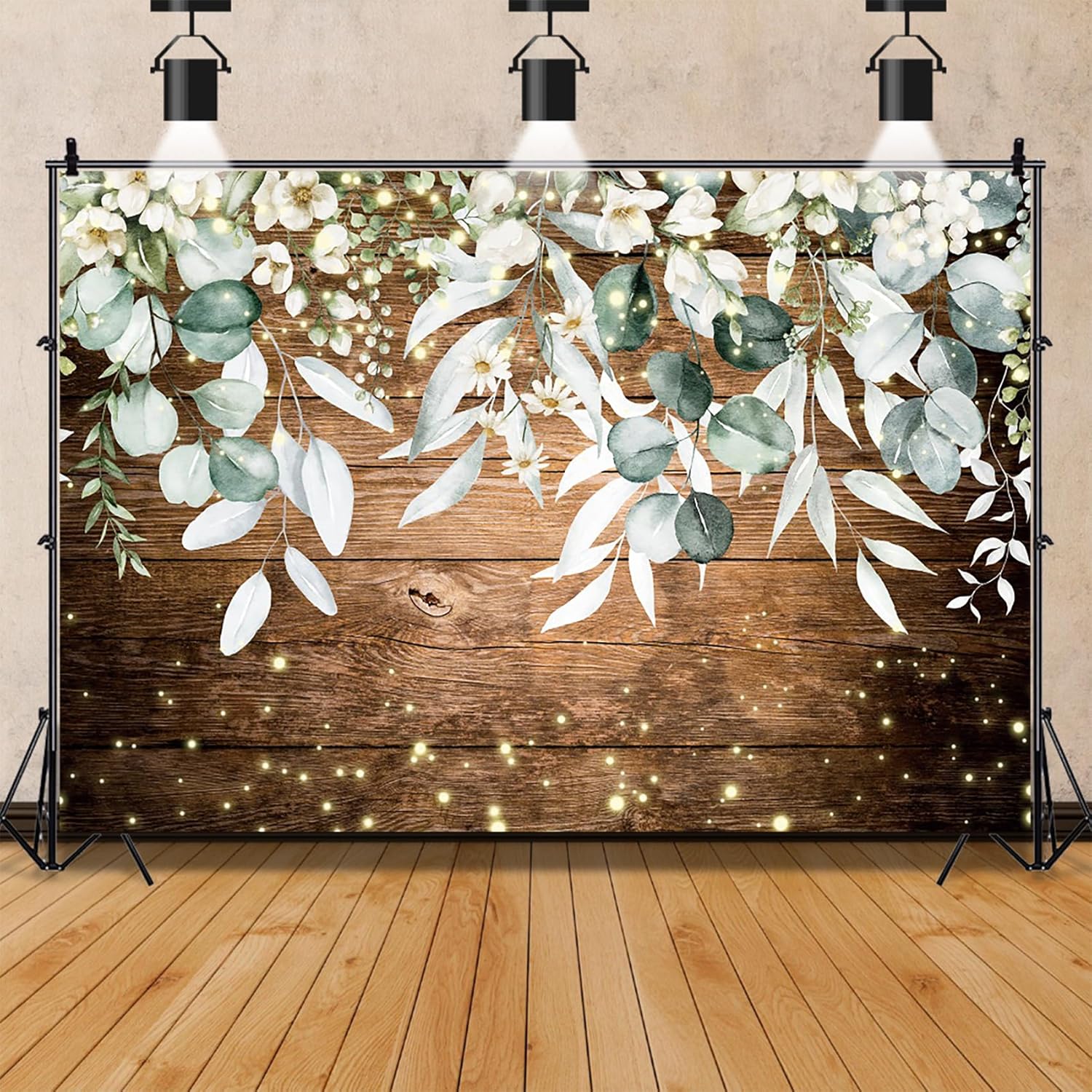 AWERT Telón de fondo rústico de madera floral de 10 x 8 pies, acuarela vegetación blanca, tablones de madera marrón vintage, fondo de fotografía,