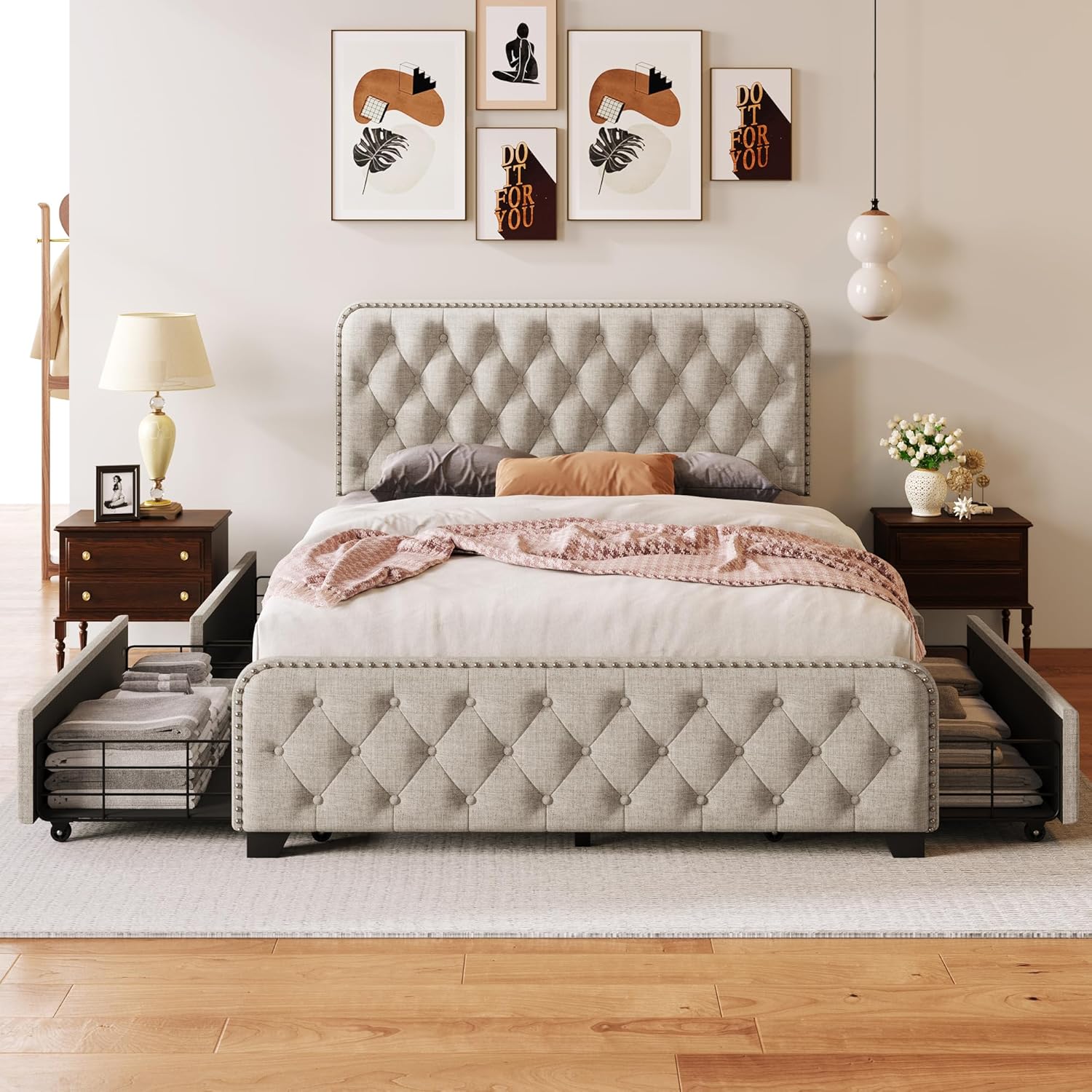 Bellemave Base de cama de plataforma completa con 4 cajones de almacenamiento y cabecero y estribo con botones, soporte de metal resistente, no