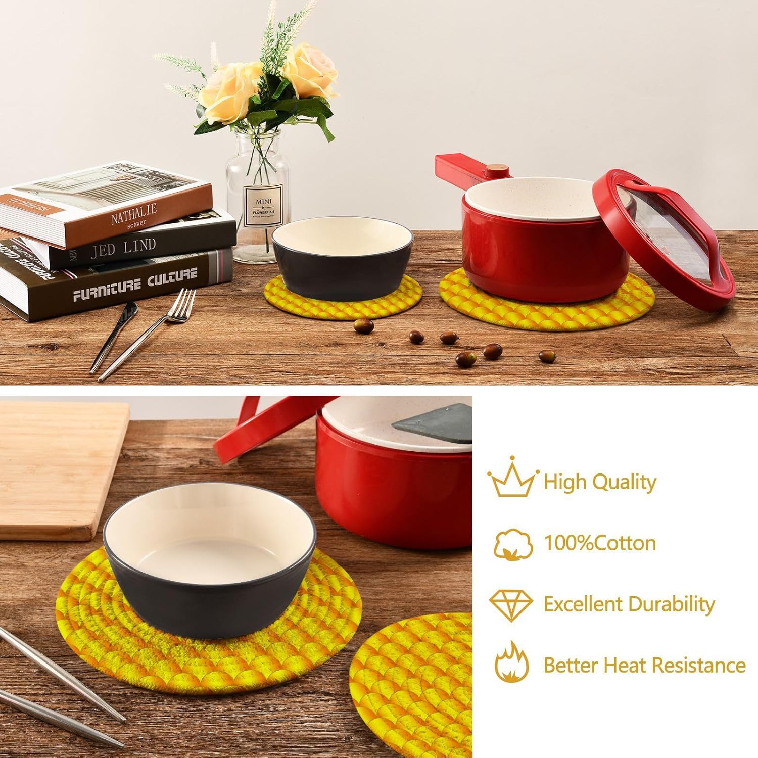 Yellow Gold Dragon Scale Hot Mats Pads for Kitchen Heat Resistant Round Trivet Mat for Coaster Hot Pots Pans Cotton Woven Trivet Pot Holders for