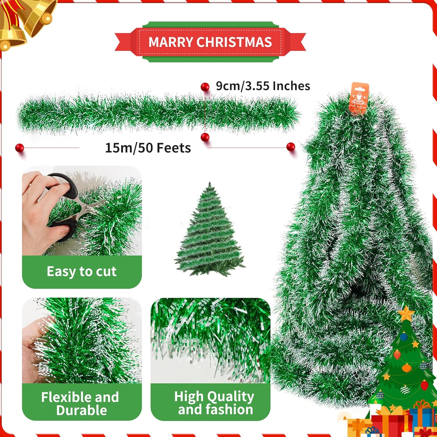 Guirnalda de Navidad de oropel verde nevado de 50 pies, guirnalda de papel de aluminio metálico, decoración de punta de escarcha verde brillante,
