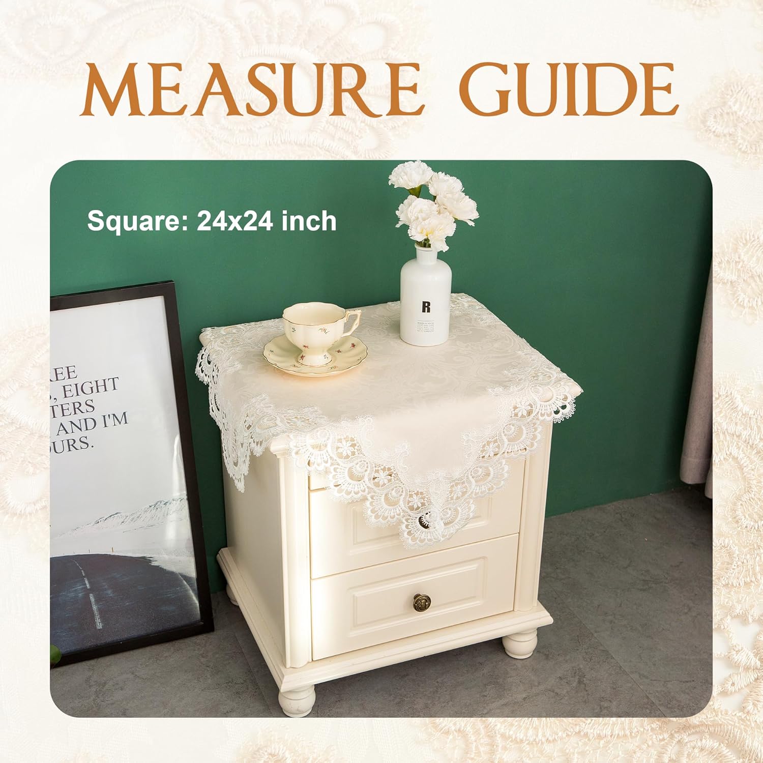 Mantel cuadrado pequeño de encaje bordado de granja con borde de macramé, funda de mesa auxiliar para cómoda, junto a la mesa, mesita de noche,