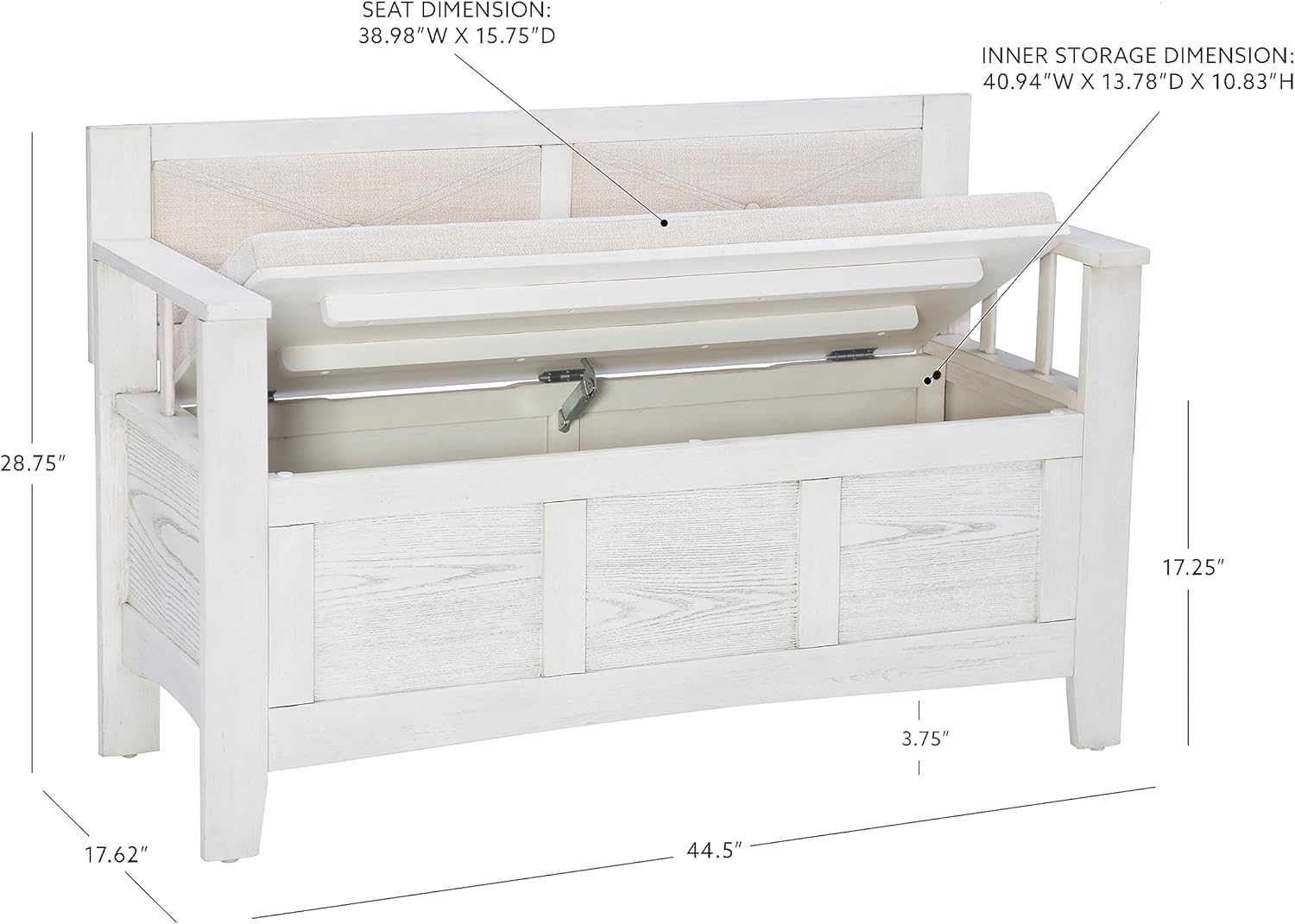 Linon Carlton – Banco de almacenamiento blanco con respaldo tapizado beige y asiento acolchado, gris ahumado