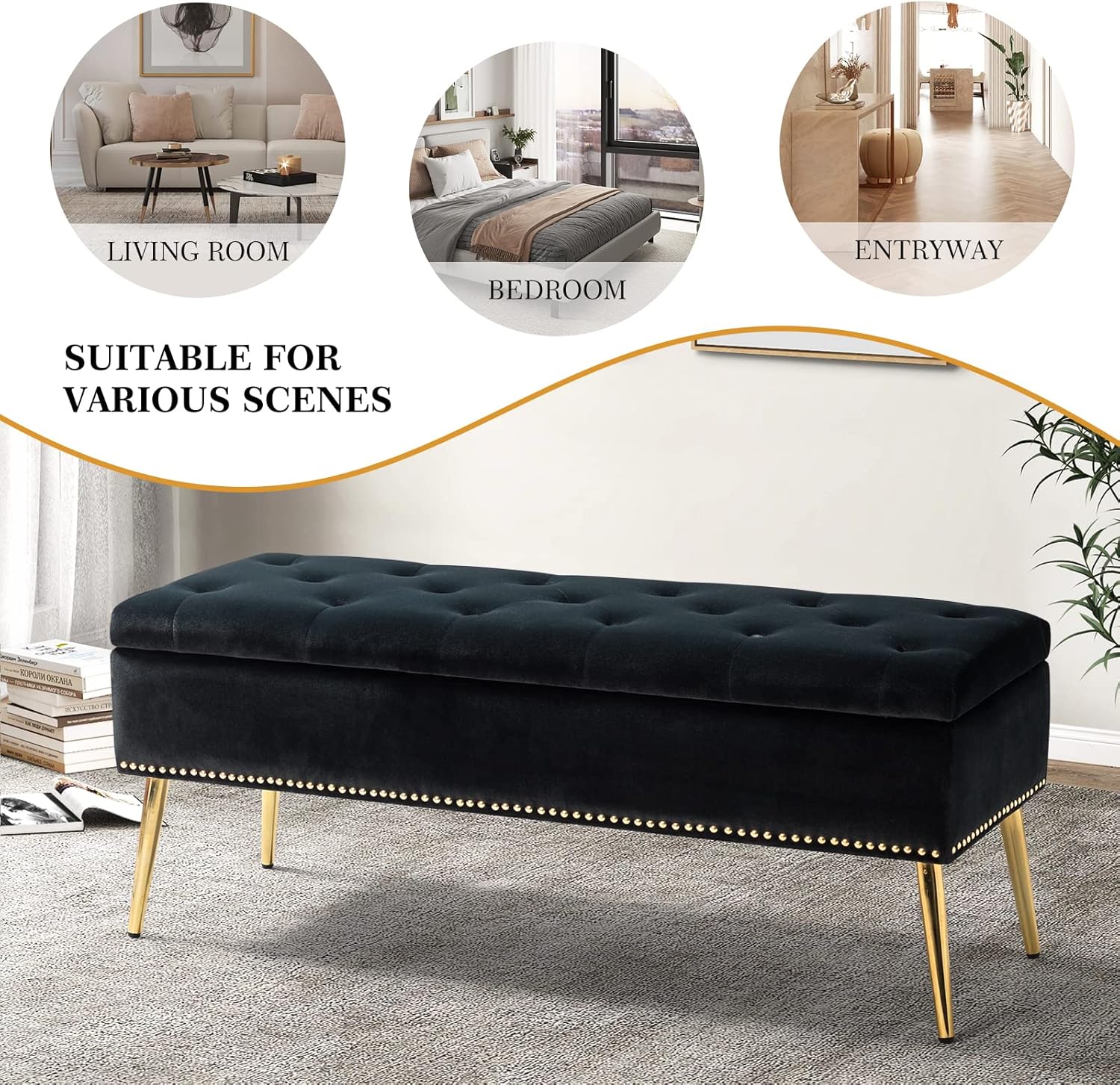 HULALA HOME Moderno banco otomano de almacenamiento de terciopelo con base dorada y borde de cabeza de clavos, banco tapizado para dormitorio para