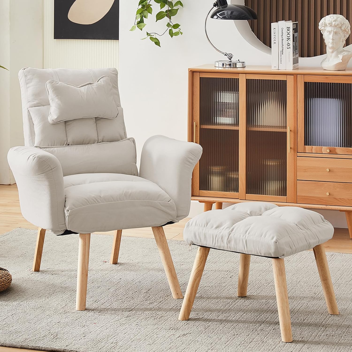 CLIPOP Silla decorativa moderna con otomana, sillón de tela de lino con respaldo ajustable (5 ángulos), patas de madera maciza, cómoda silla de