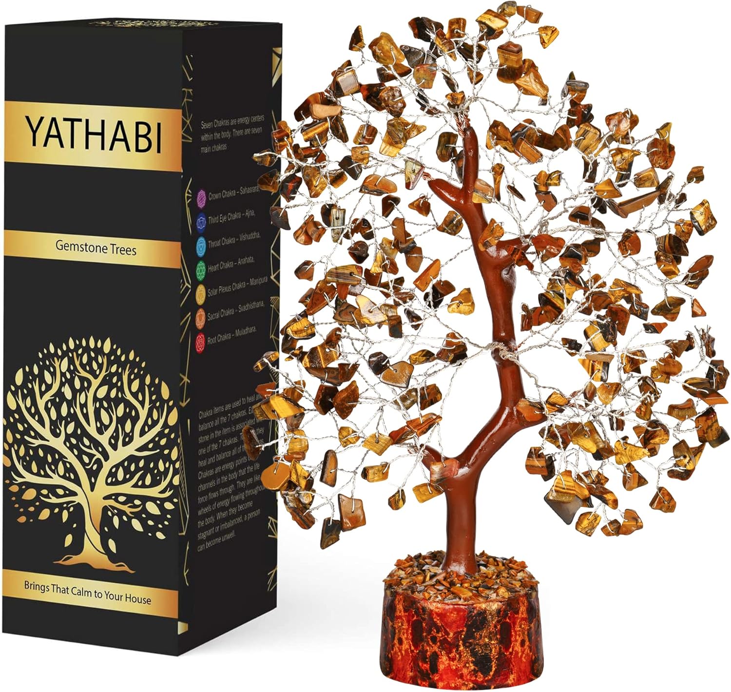YATHABI Ojo de tigre – Árbol de chakras – Árbol de la vida de cristal – Árbol de Feng Shui – Cristales para la suerte – Regalo espiritual – Árbol de