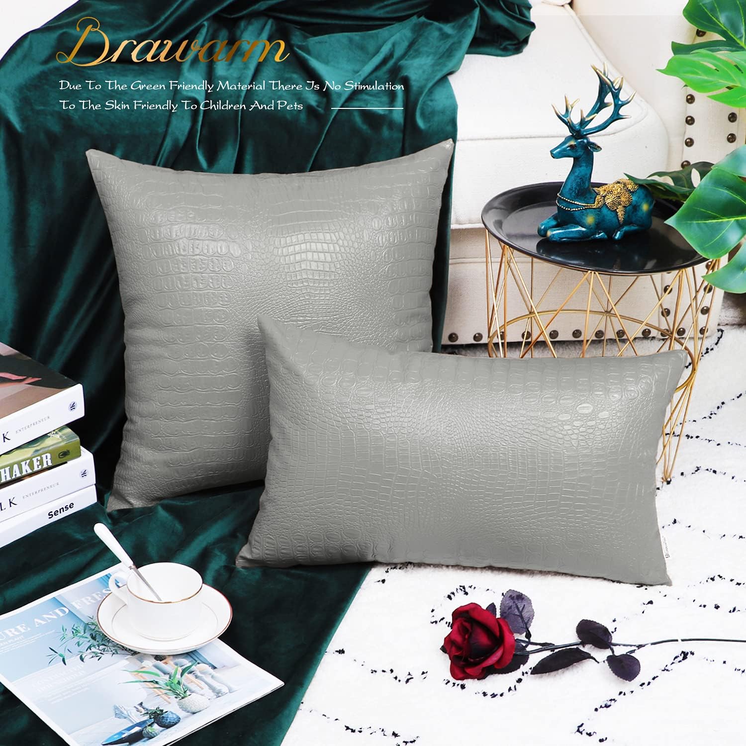 Juego de 2 fundas de almohada BRAWARM para sofá, decoración del hogar, color liso y suave de piel sintética de cocodrilo en ambos lados.
