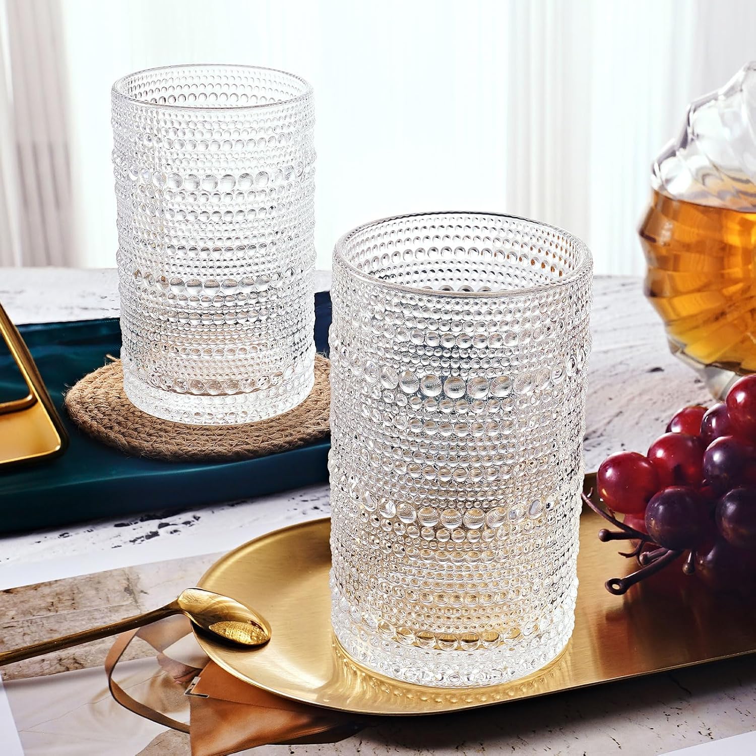 hobnail – Juego de 4 vasos altos de 12 onzas, cristalería vintage a la antigua usanza, agua, cóctel, bebidas de whisky, jugo de leche, regalo para