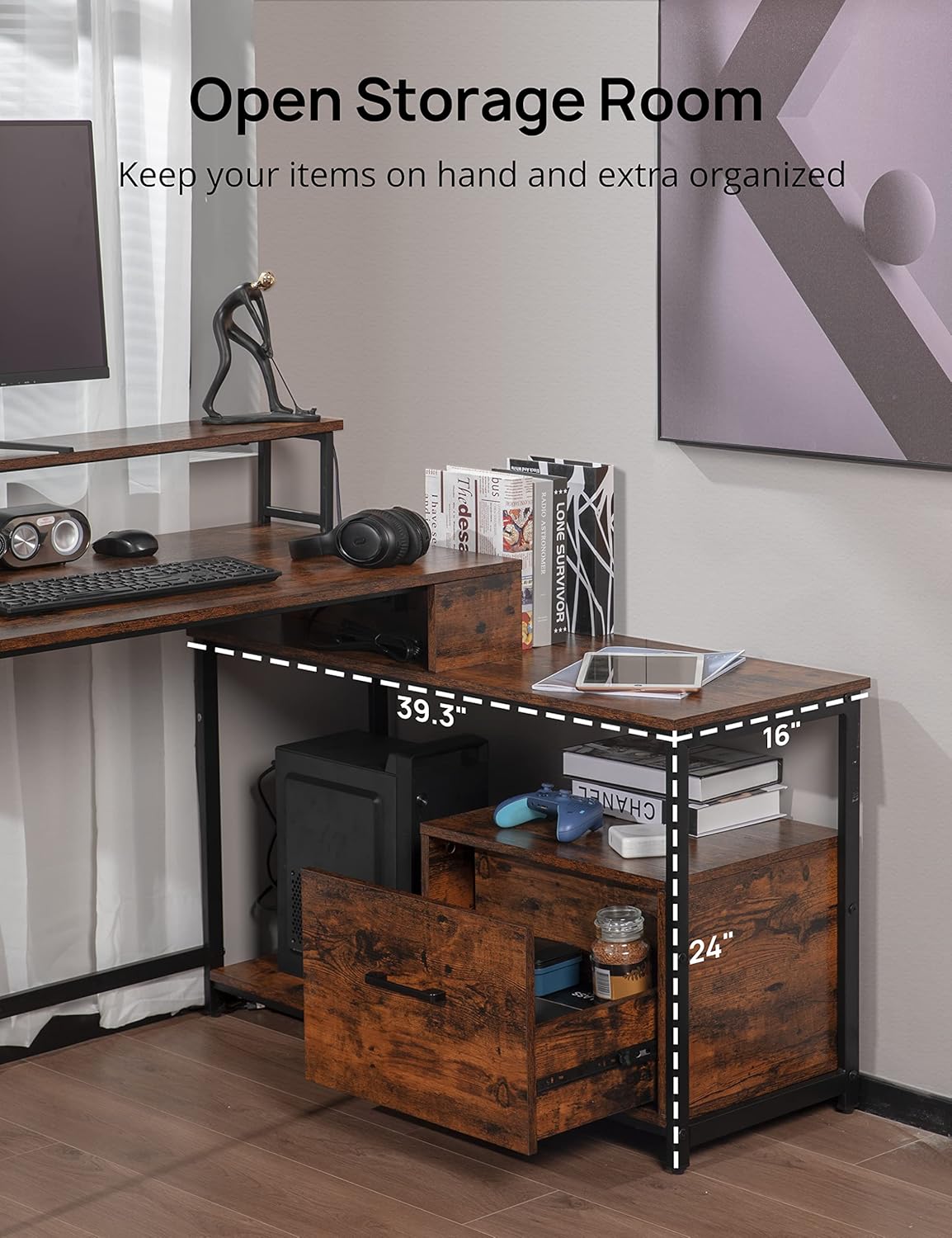 Escritorio ergonómico moderno para computadora con cajón de archivos, escritorio de oficina en forma de L de estilo industrial simple para oficina