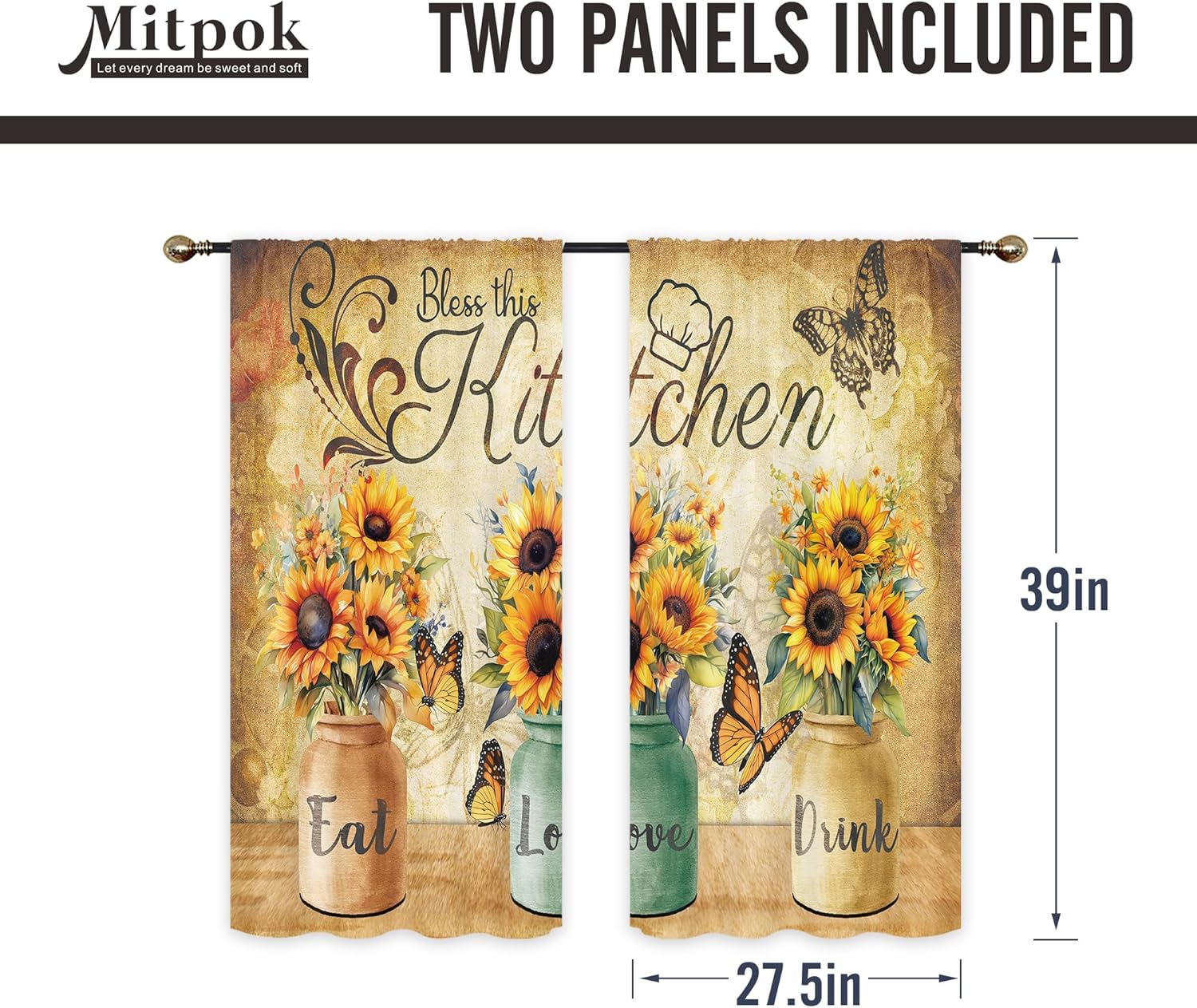 Cortinas de cocina de girasol para dormitorio, 27.5 pulgadas de ancho x 39 pulgadas de alto, bolsillo para barra, retro, rústico, amarillo, floral,