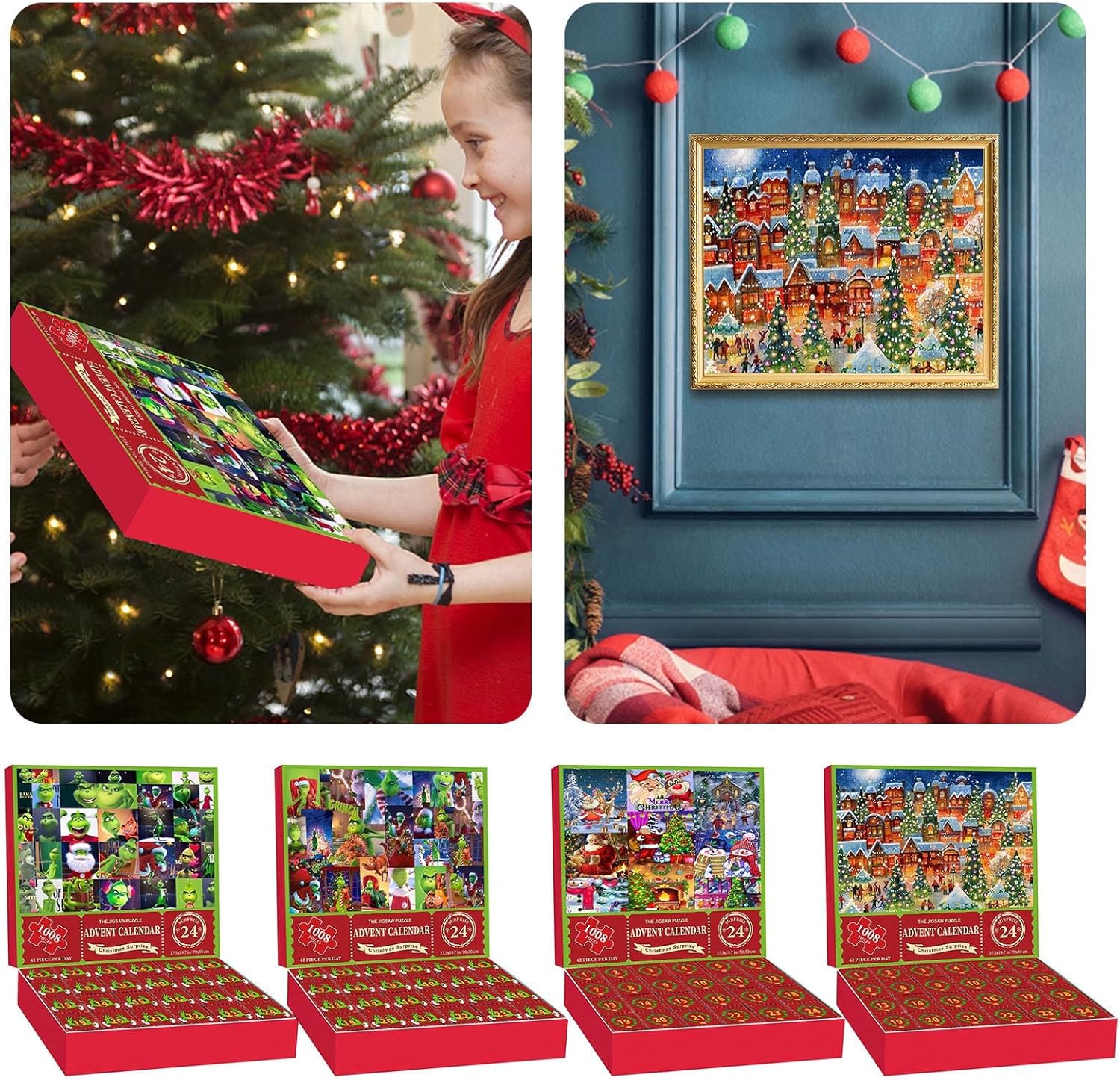 Rompecabezas de calendario de Adviento 2023-1008 piezas para adultos y niños, calendario de cuenta regresiva de Santas Grinchmas de 24 días,