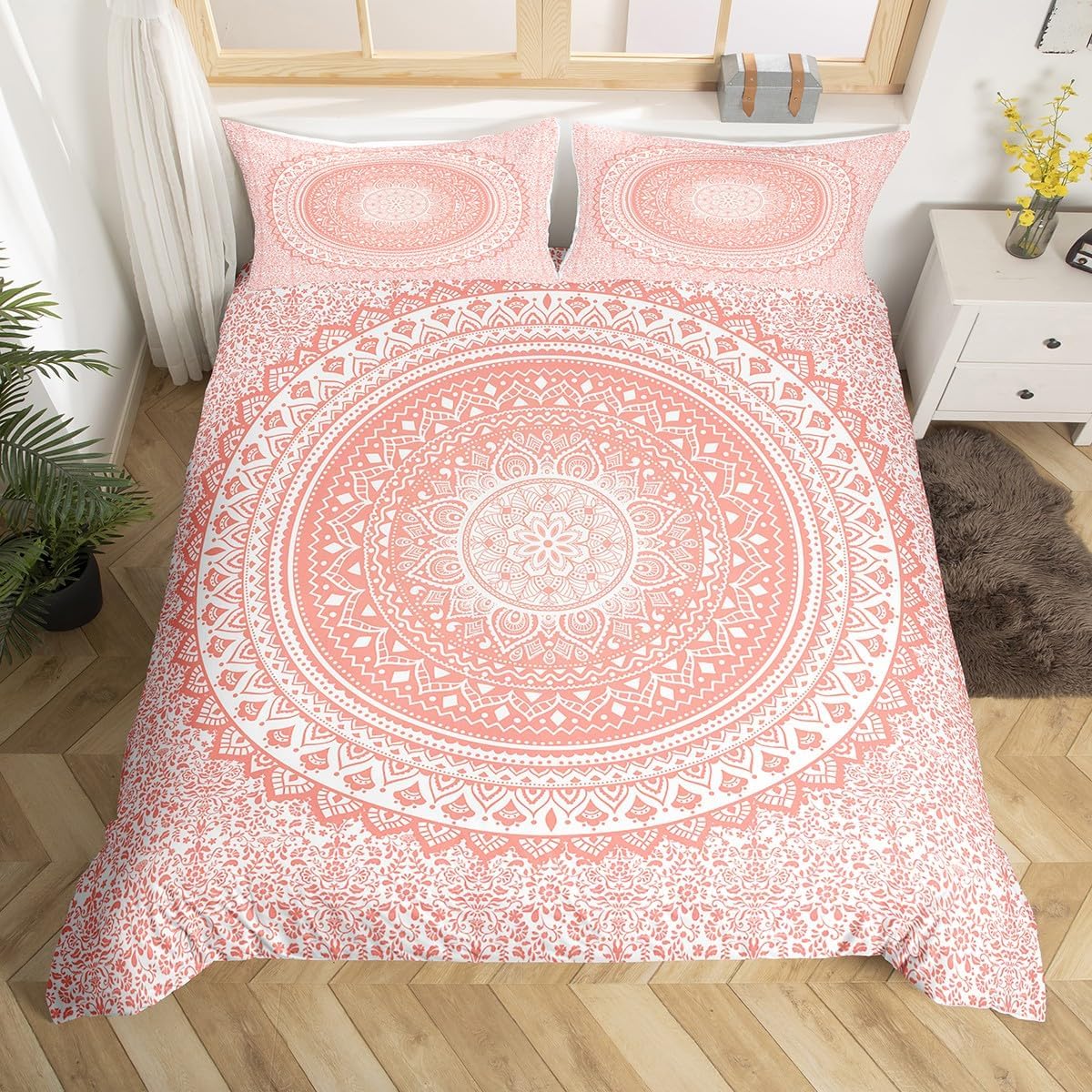Juego de funda de edredón de mandala rosa, tamaño individual, juego de ropa de cama bohemio de cachemira para niños, adolescentes, niños, niñas,