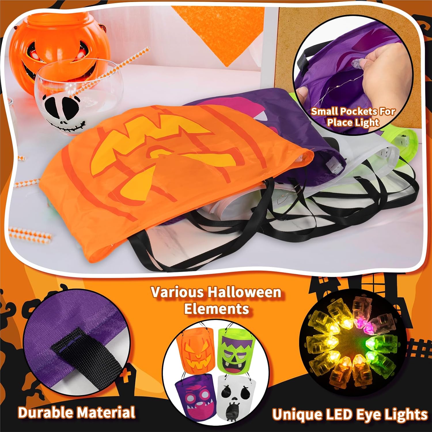 Cubos de Halloween Bolsas de truco o trato, 4 bolsas de dulces de Halloween, cubos de calabaza con luz LED, bolsas de golosinas para niños,