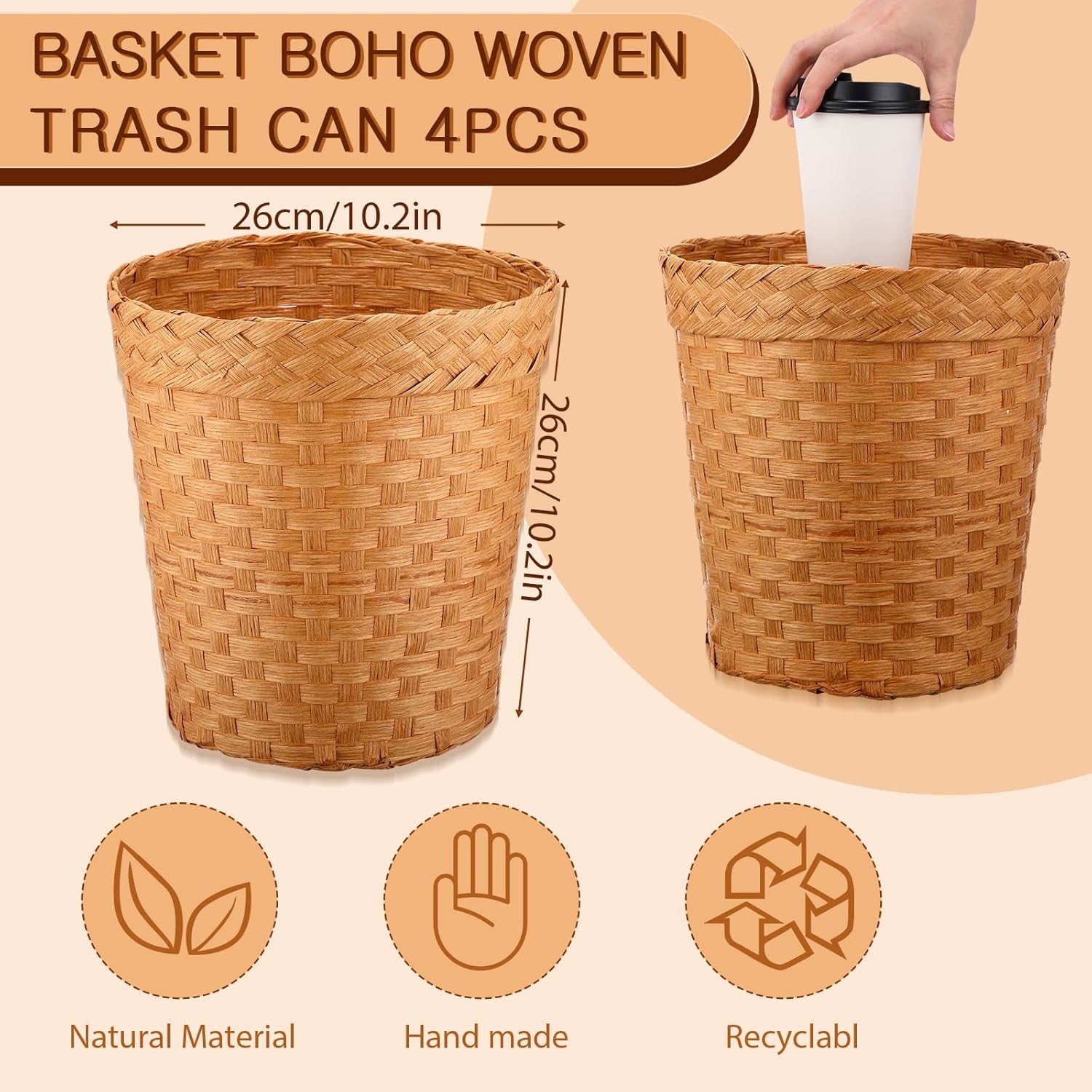 Bokon 4 cestas de basura de pajita, estilo bohemio, tejidas, naturales, para baño, papelera, papelera, papelera, papelera pequeña, redonda, para