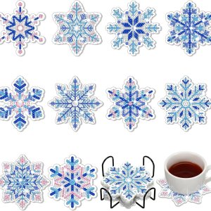 Juego de 10 posavasos de pintura de diamante 5D con copos de nieve, acrílico de invierno, posavasos de diamantes de copo de nieve con soporte base Juego de 10 posavasos de pintura de diamante 5D con copos de nieve, acrílico de invierno, posavasos de diamantes de copo de nieve con soporte base