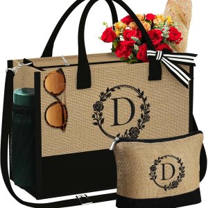 Bolsa de yute con inicial, bolsa de maquillaje con cremallera y correa ajustable, regalos personalizados para mujeres y cumpleaños Bolsa de yute con inicial, bolsa de maquillaje con cremallera y correa ajustable, regalos personalizados para mujeres y cumpleaños