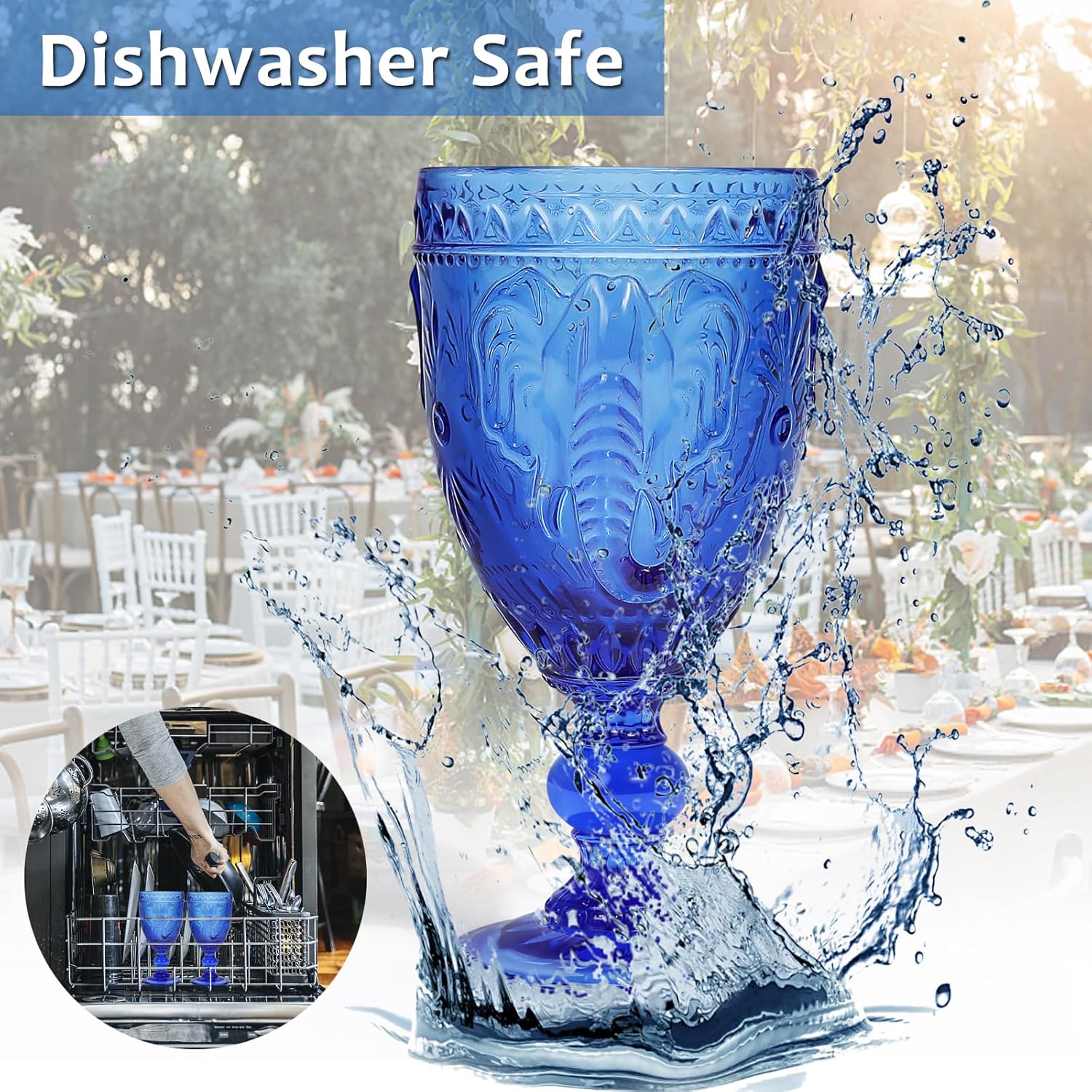 Juego de 6 copas de vino con diseño prensado de elefante, juego de 6 copas de agua de colores, vasos azules sin plomo para fiestas y bodas, 10 onzas