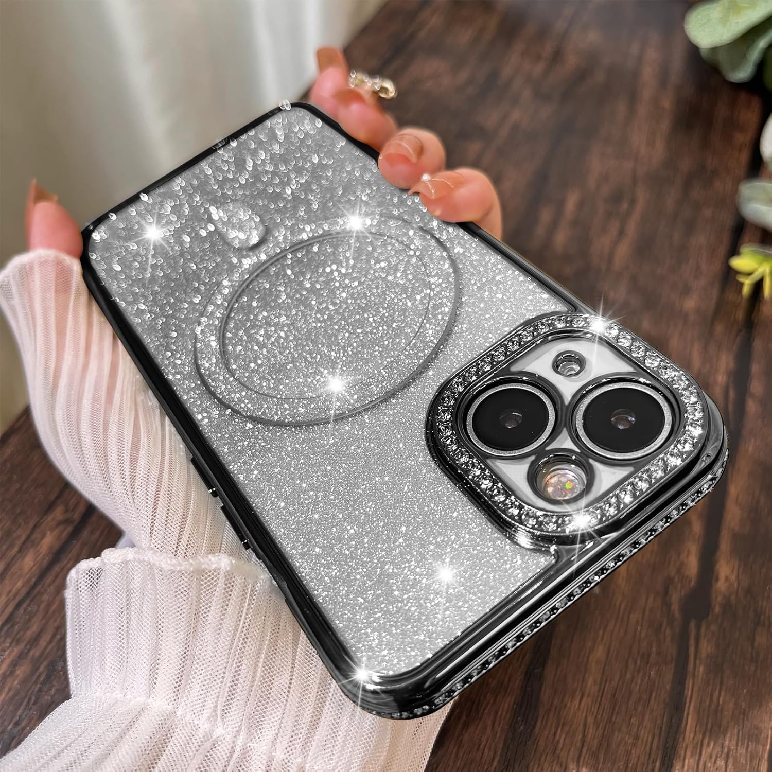 KANGHAR Funda magnética con purpurina degradada para iPhone 15 Plus de 6.7 pulgadas, funda de lujo chapada en diamantes de imitación, suave TPU