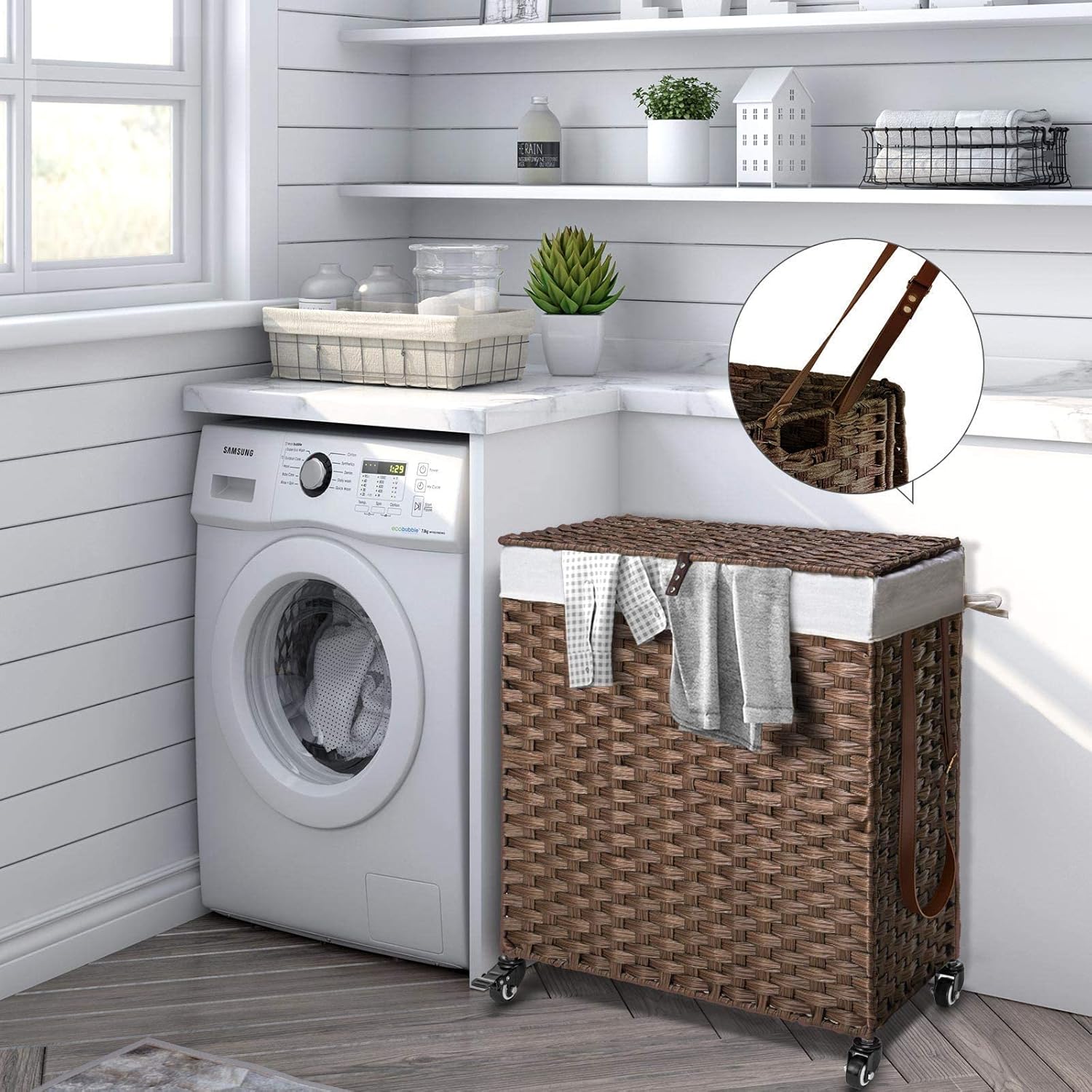 GREENSTELL Cesto para ropa sucia con ruedas, no necesita instalación, cestas tejidas a mano divididas de 90 litros y 2 bolsas de forro extraíbles,